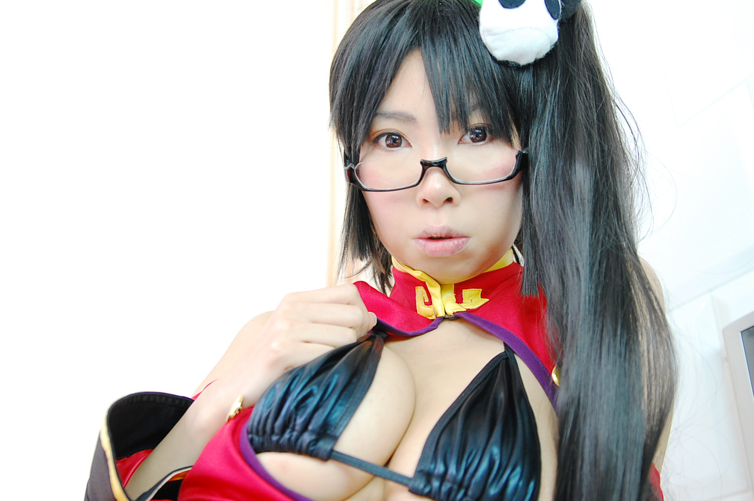 ashiya_noriko asian black_hair breasts cleavage female glasses high_heels large_breasts long_hair shoes solo