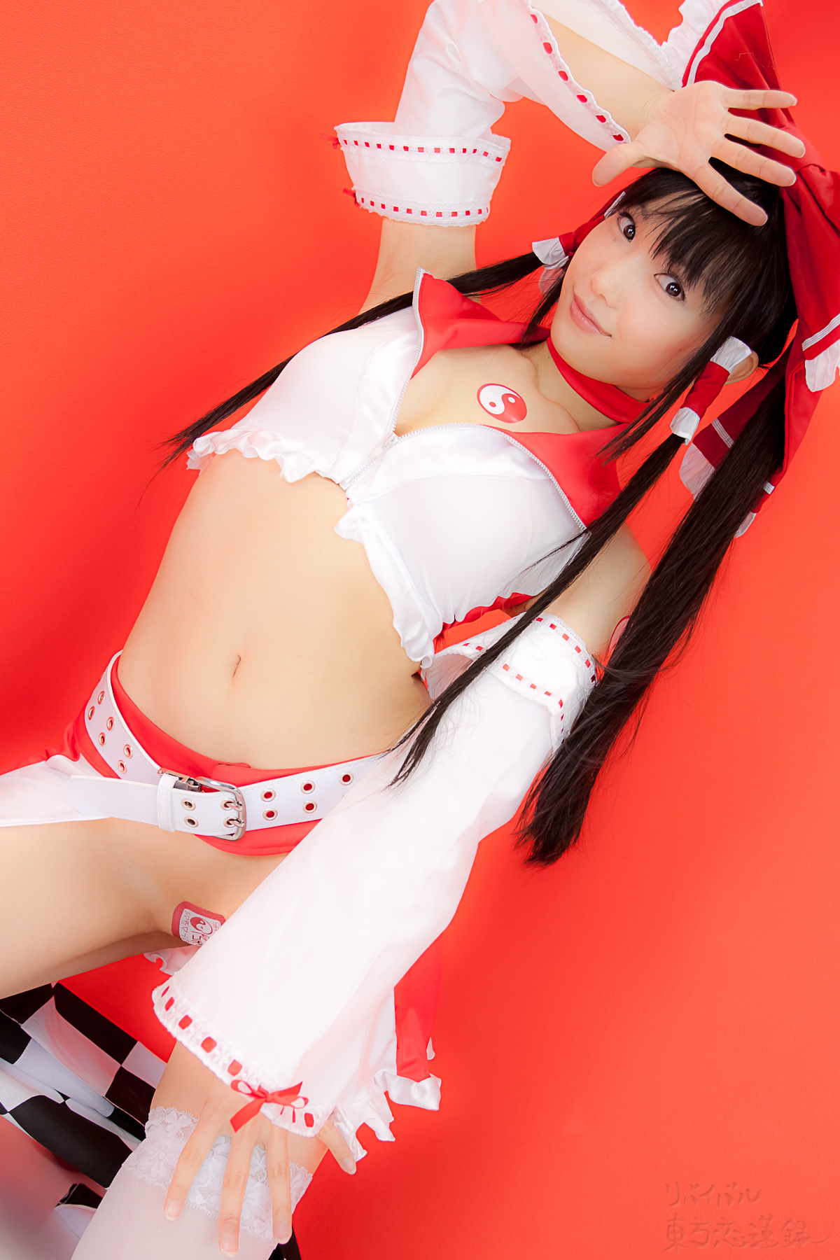 asian belt black_hair breasts cosplay female high_heels long_hair midriff shoes solo thighhighs