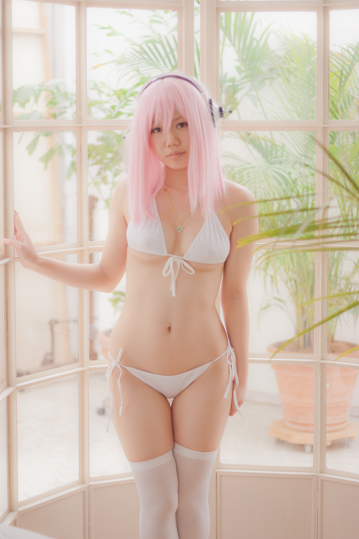 asian bikini breasts cosplay female headphones long_hair pink_hair solo