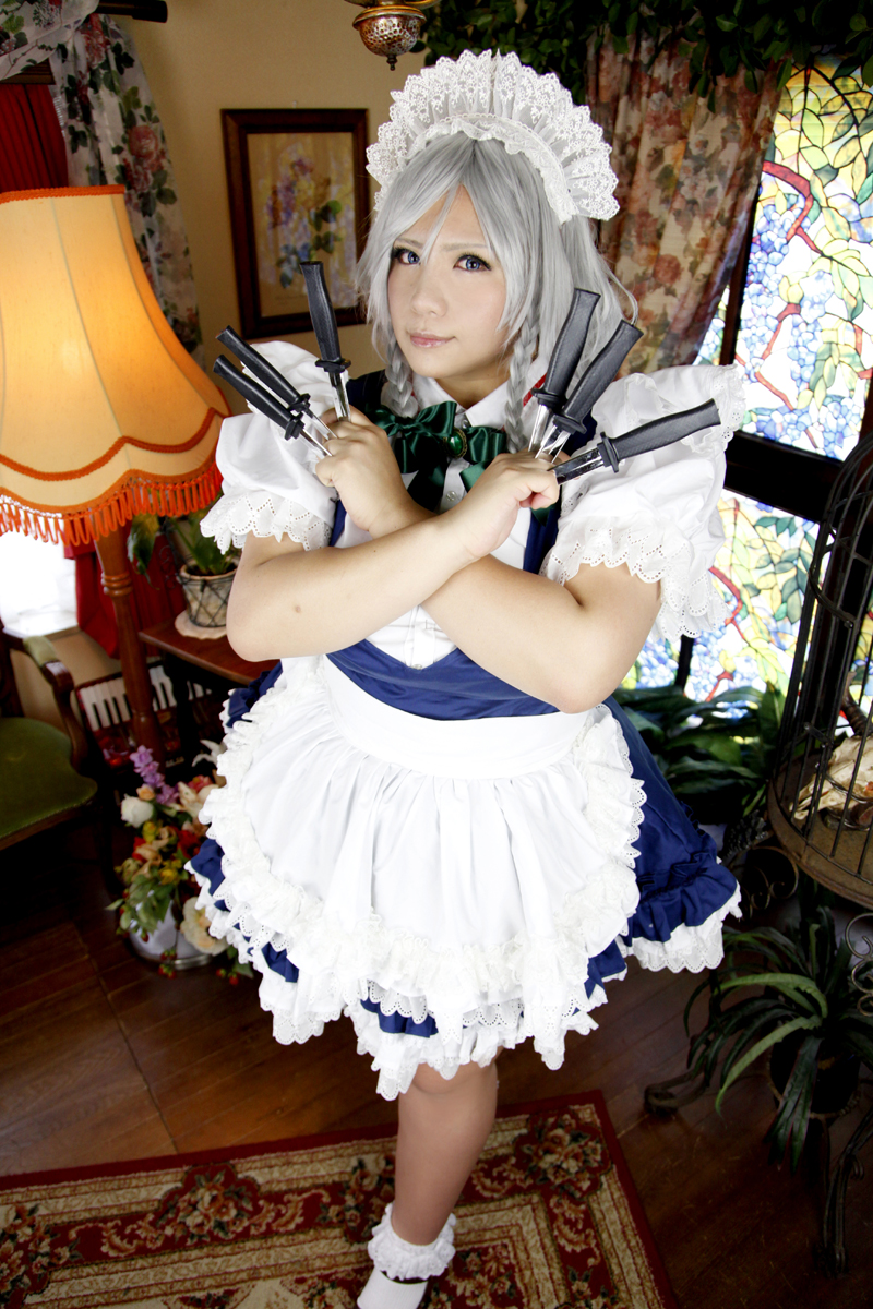 breasts chouzuki_maryou cosplay dress female grey_hair huge_breasts knife maid short_hair solo watermark weapon