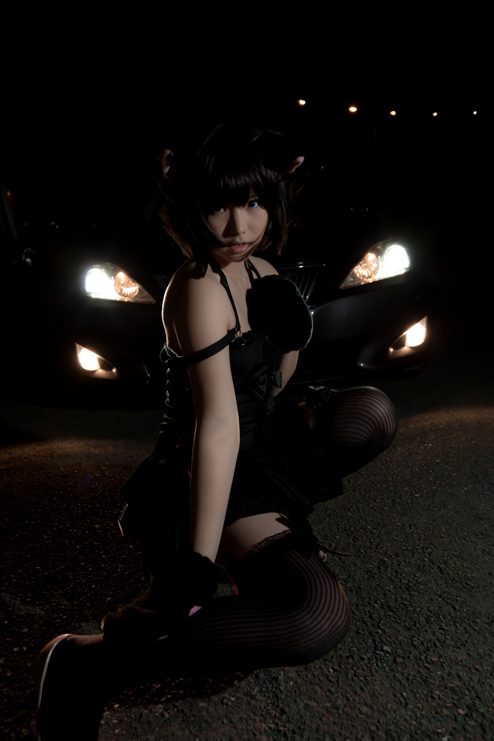 animal_ears asian black_hair breasts cosplay enako female long_hair solo