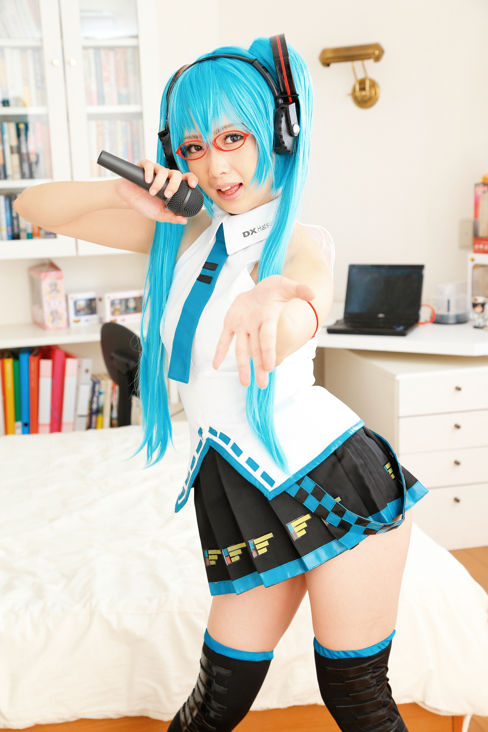 asian blue_hair cosplay female glasses headphones high_heels long_hair necktie shoes skirt socks solo