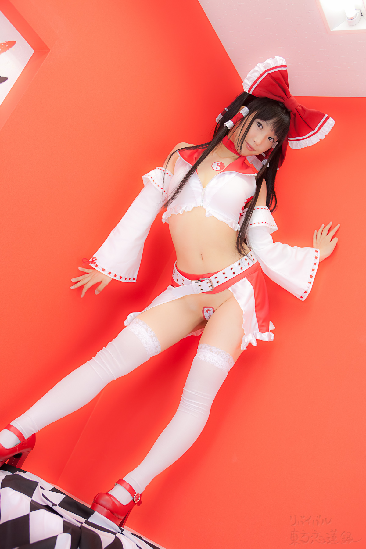 asian belt black_hair breasts cosplay female high_heels long_hair midriff shoes solo thighhighs