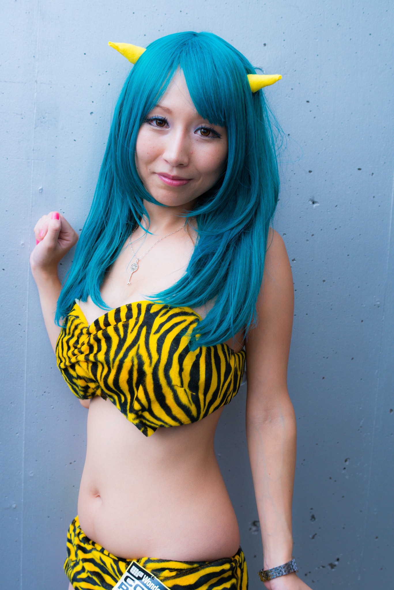 asian blue_hair bra breasts cosplay female horns long_hair lum midriff navel panties simple_background solo urusei_yatsura