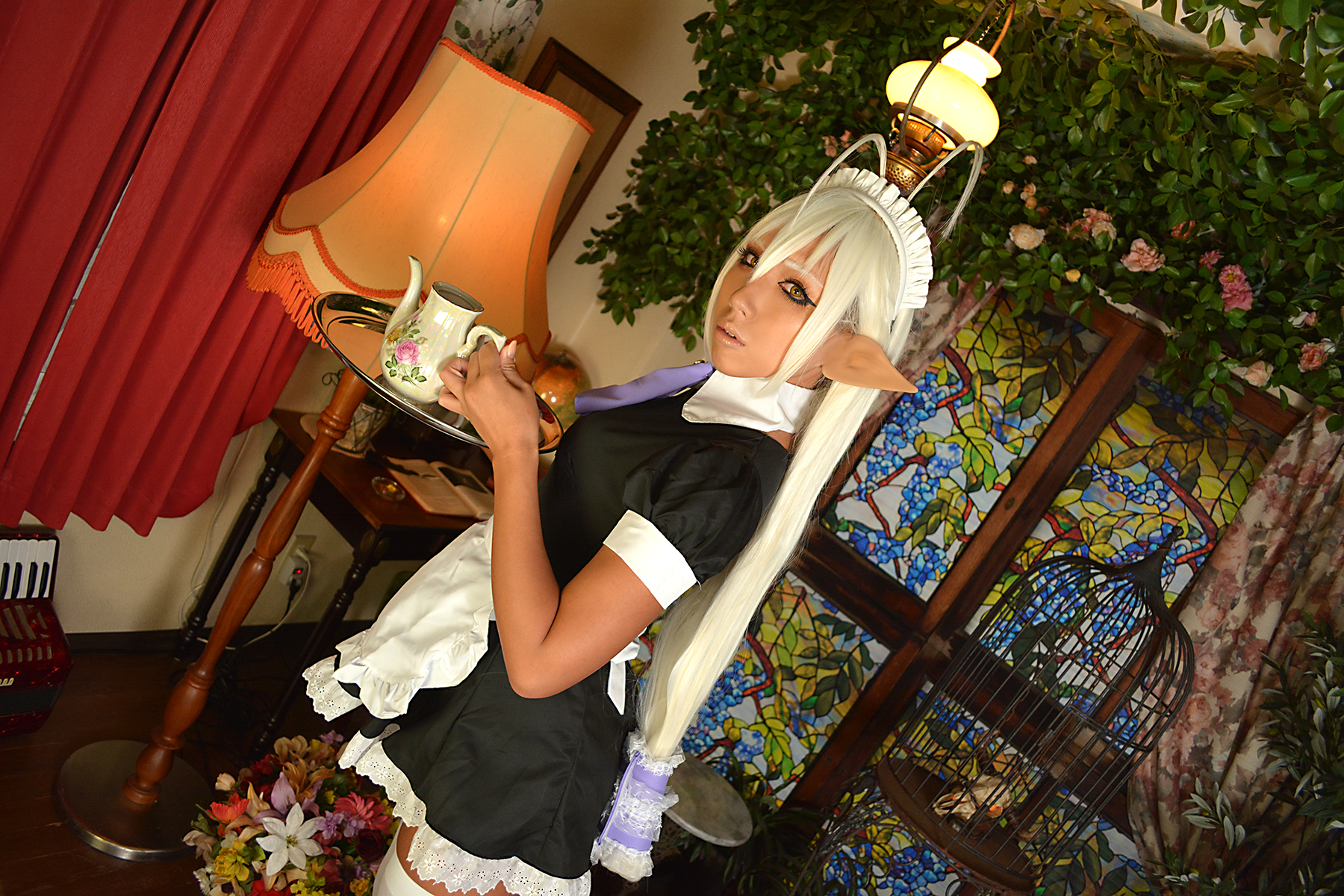 asian ass breasts cosplay elf female lamp long_hair looking_back maid maid_uniform nonsummerjack solo