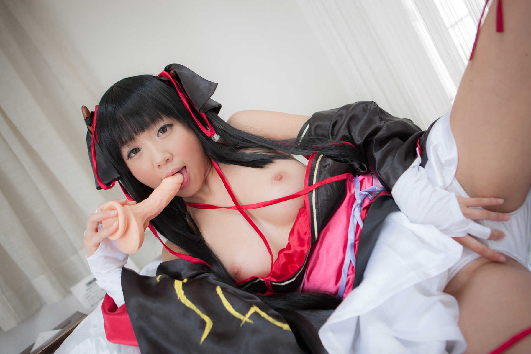 asian bare_shoulders black_hair breasts cosplay dildo dress erect_nipples female long_hair nipples panties shoes socks solo