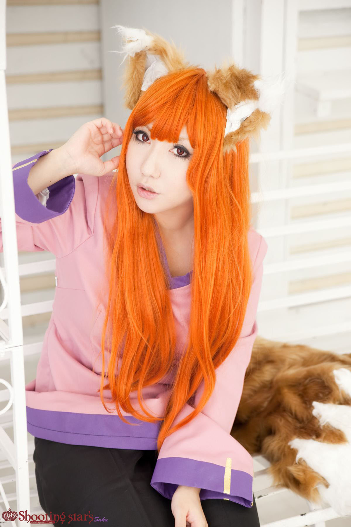 animal_ears asian breasts cosplay female long_hair orange_hair shooting_star solo watermark