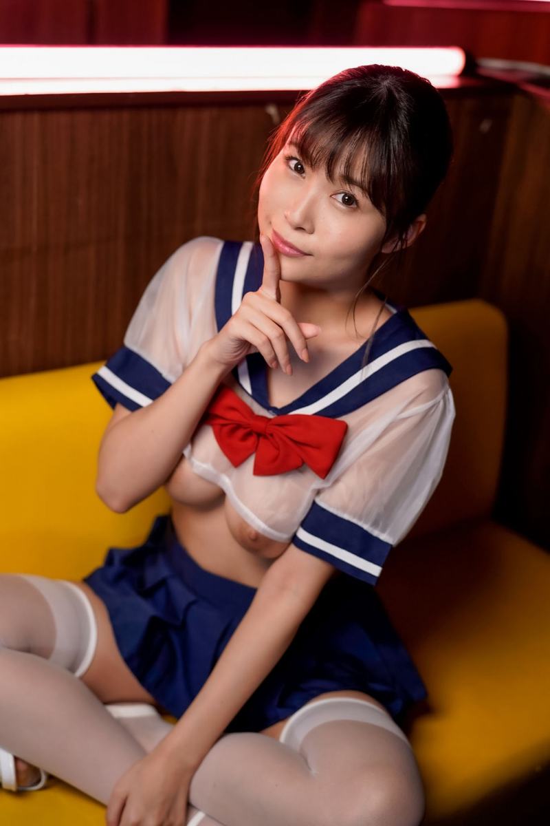 1girl asian asian_female breasts brown_hair couch female female_only japanese japanese_female jav kawai_asuna large_breasts medium_hair nipples on_couch photo ribbon sailor_uniform school_uniform see-through see-through_top shirt shirt_lift sitting sitting_on_couch skirt solo stockings straight_hair thighhighs