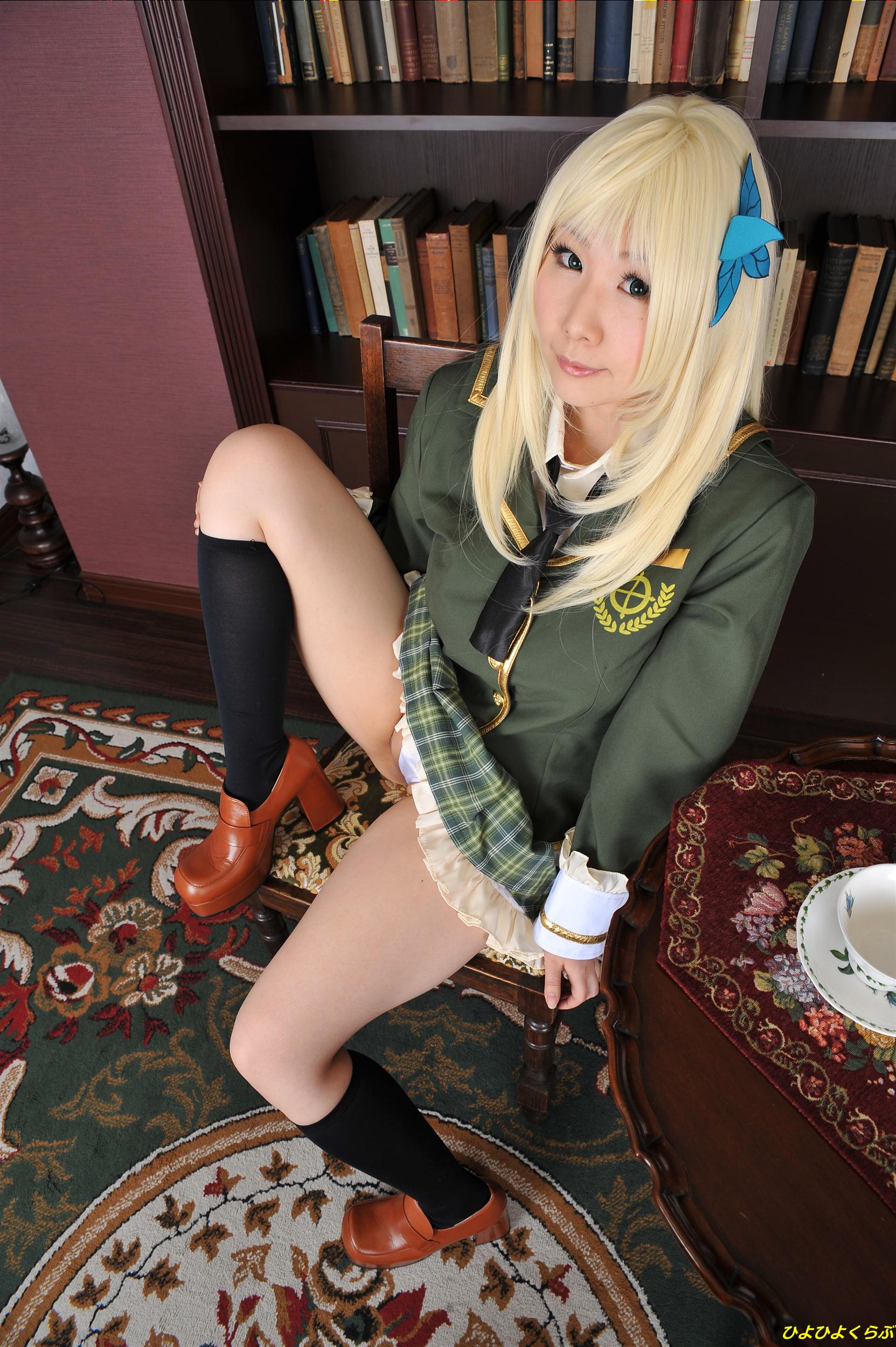 asian blonde_hair breasts cosplay female high_heels long_hair panties shoes skirt socks solo