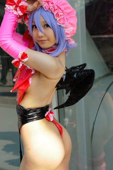 asian breasts cosplay female lenfried purple_hair short_hair solo watermark