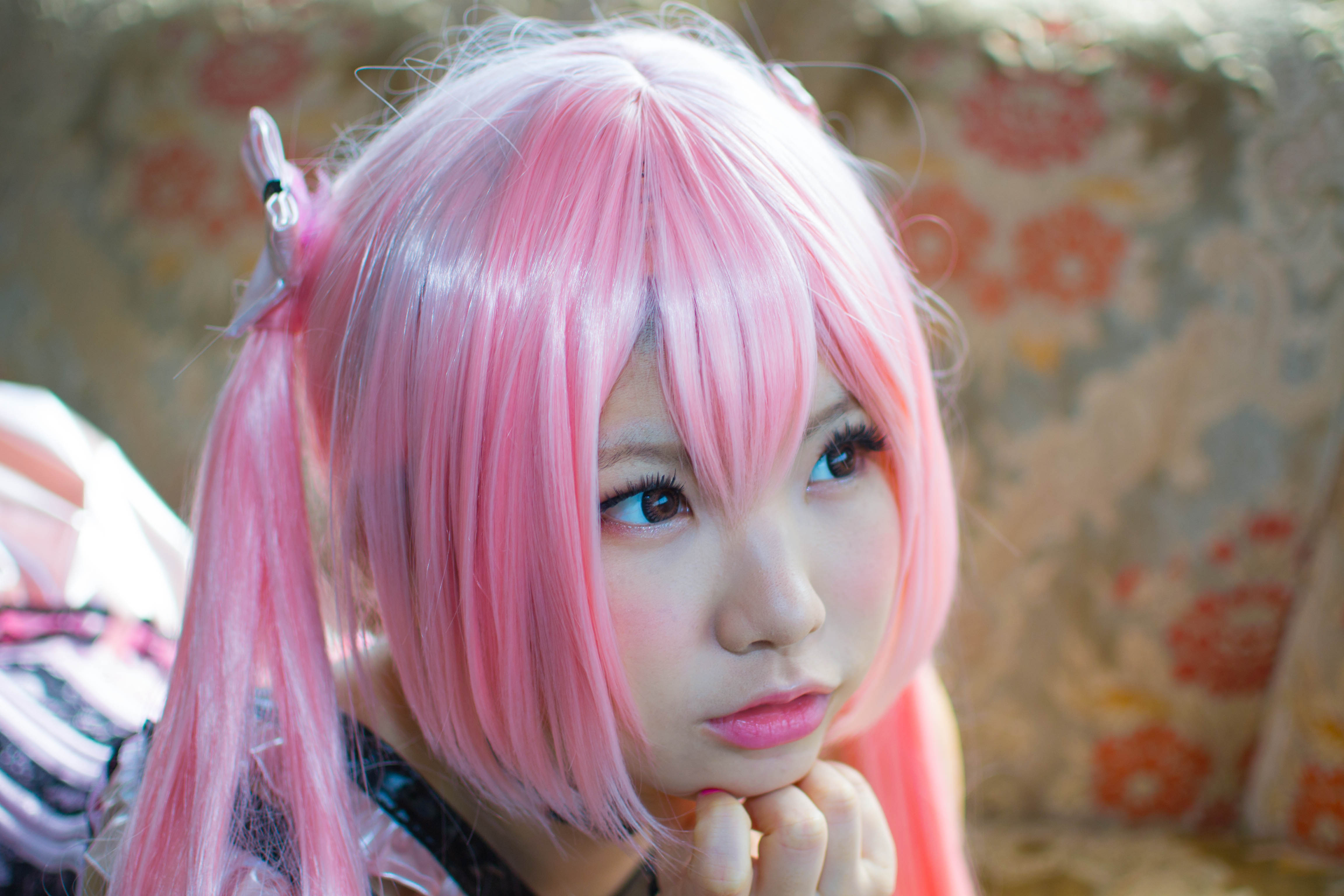 asian boots breasts cosplay enako female high_heels long_hair pink_hair skirt solo