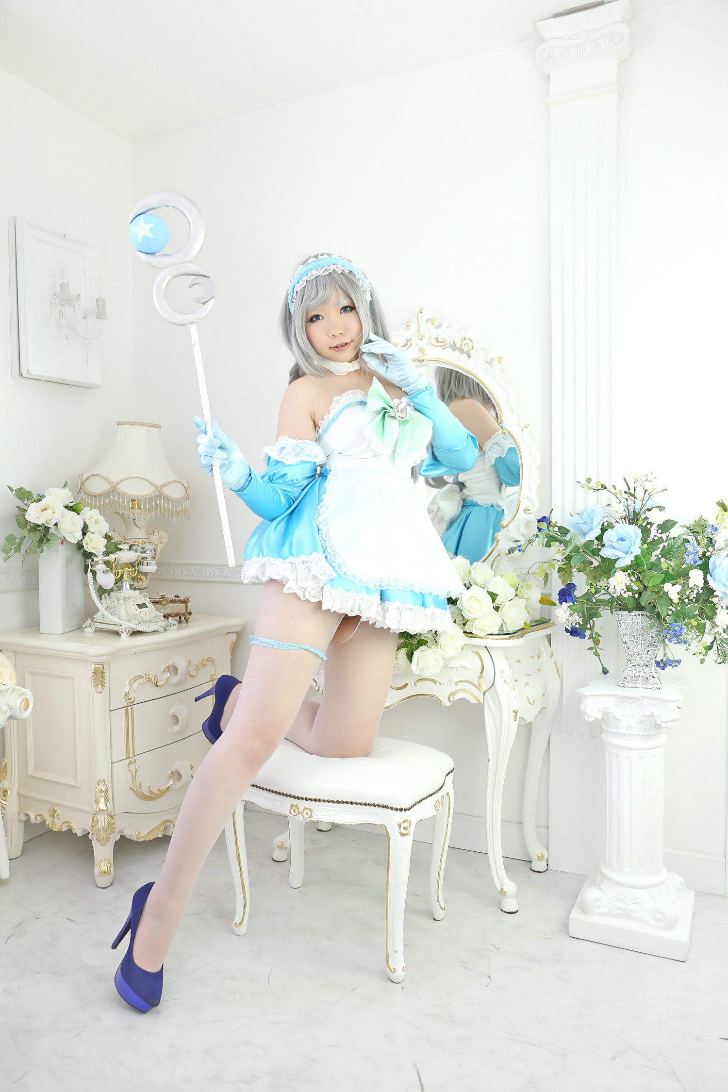 asian breasts cosplay dress female gloves gray_hair high_heels long_hair shoes solo thighhighs