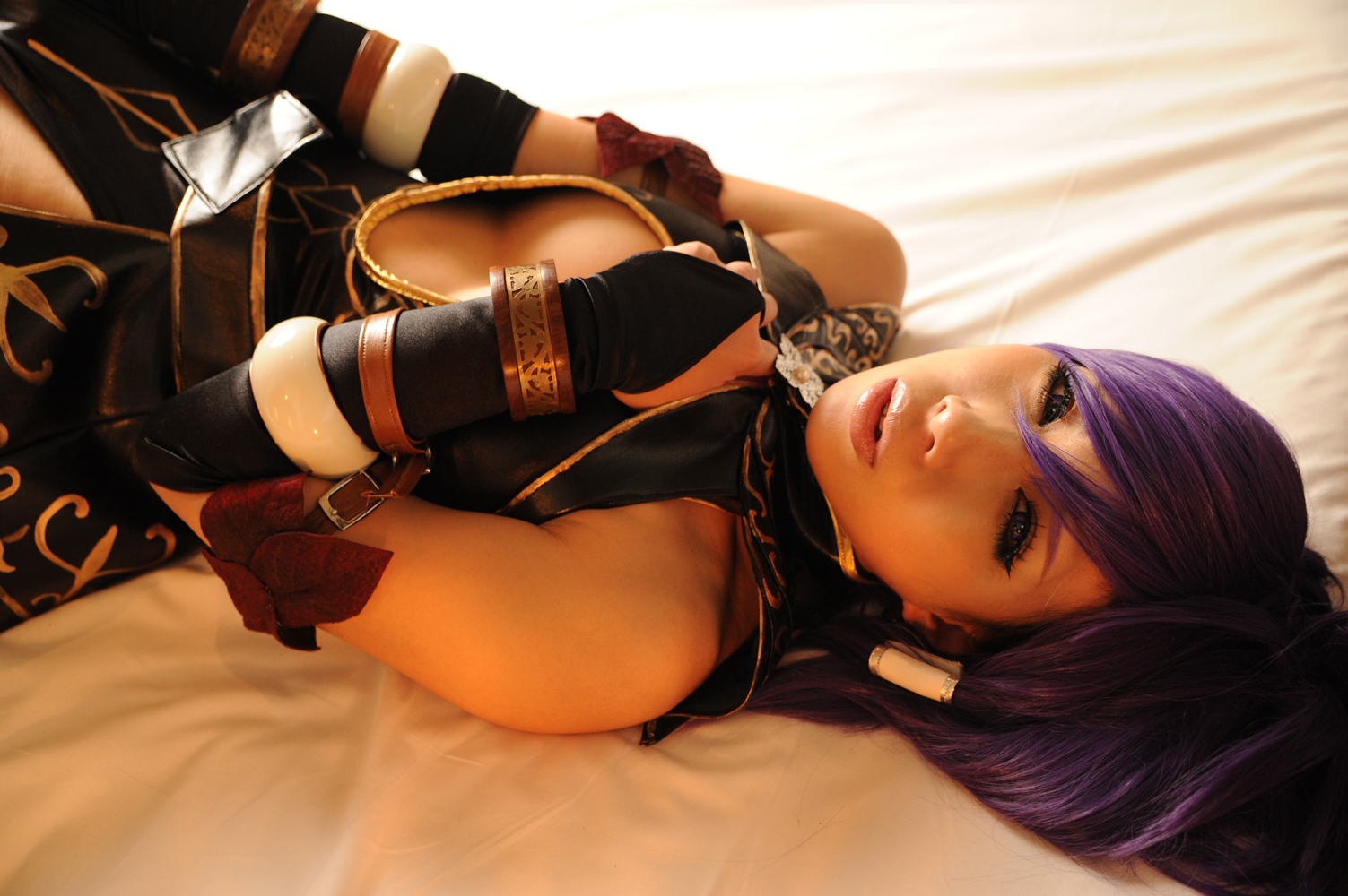asian boots breasts cleavage cosplay female high_heels large_breasts long_hair nonsummerjack ponytail purple_hair solo