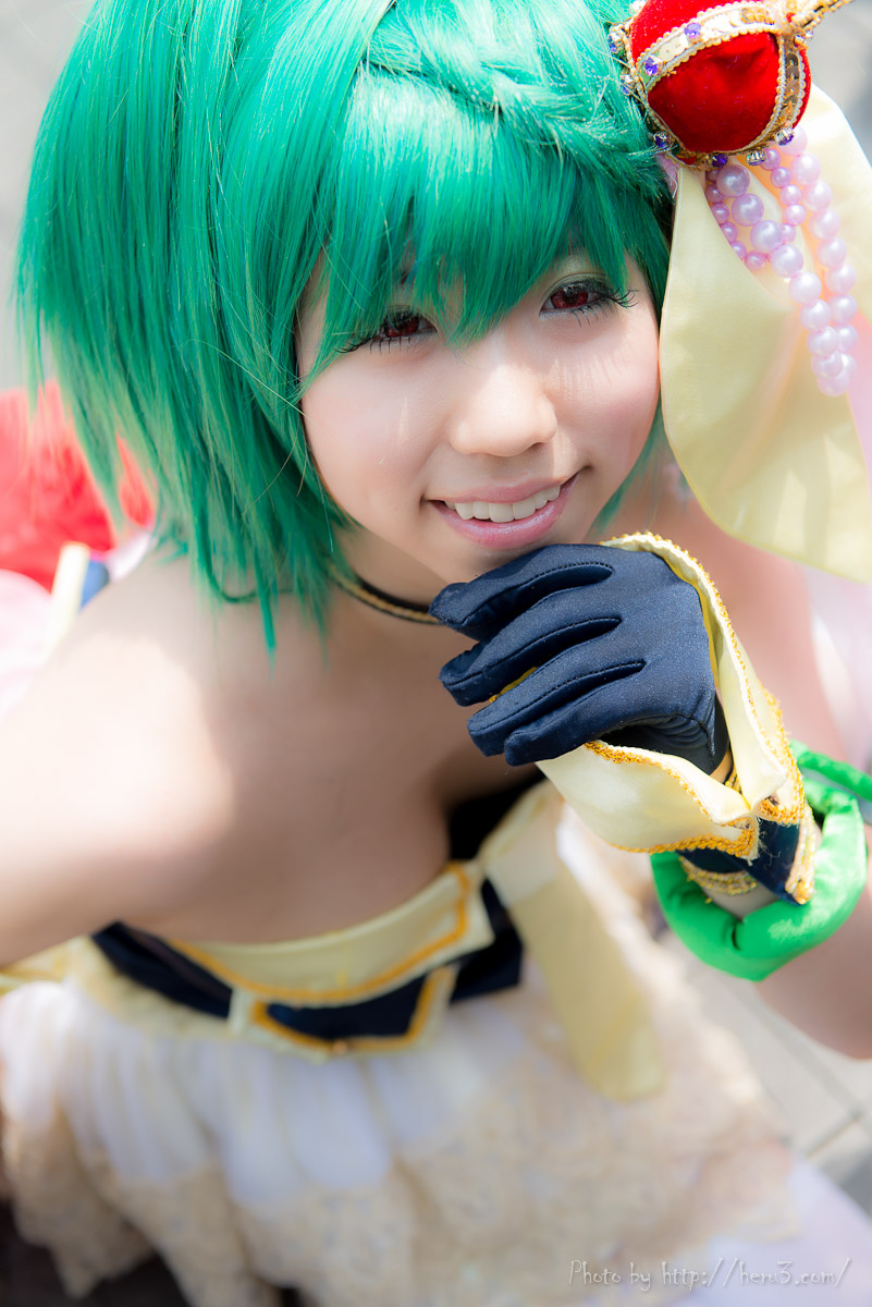 asian bare_shoulders breasts cosplay green_hair long_hair outside