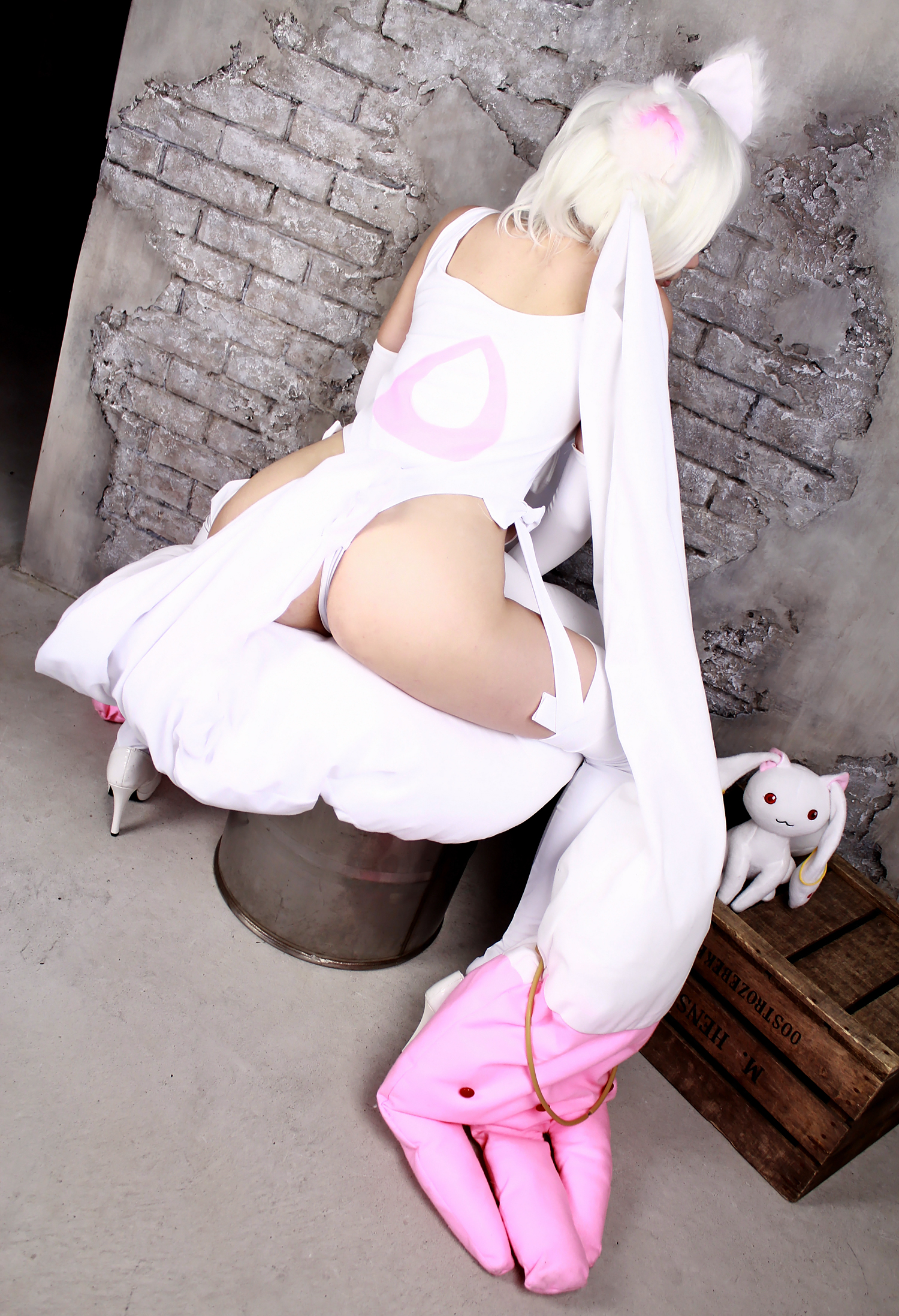 animal_ears asian boots breasts cosplay female high_heels leotard long_hair solo stuffed_toy twintails white_hair
