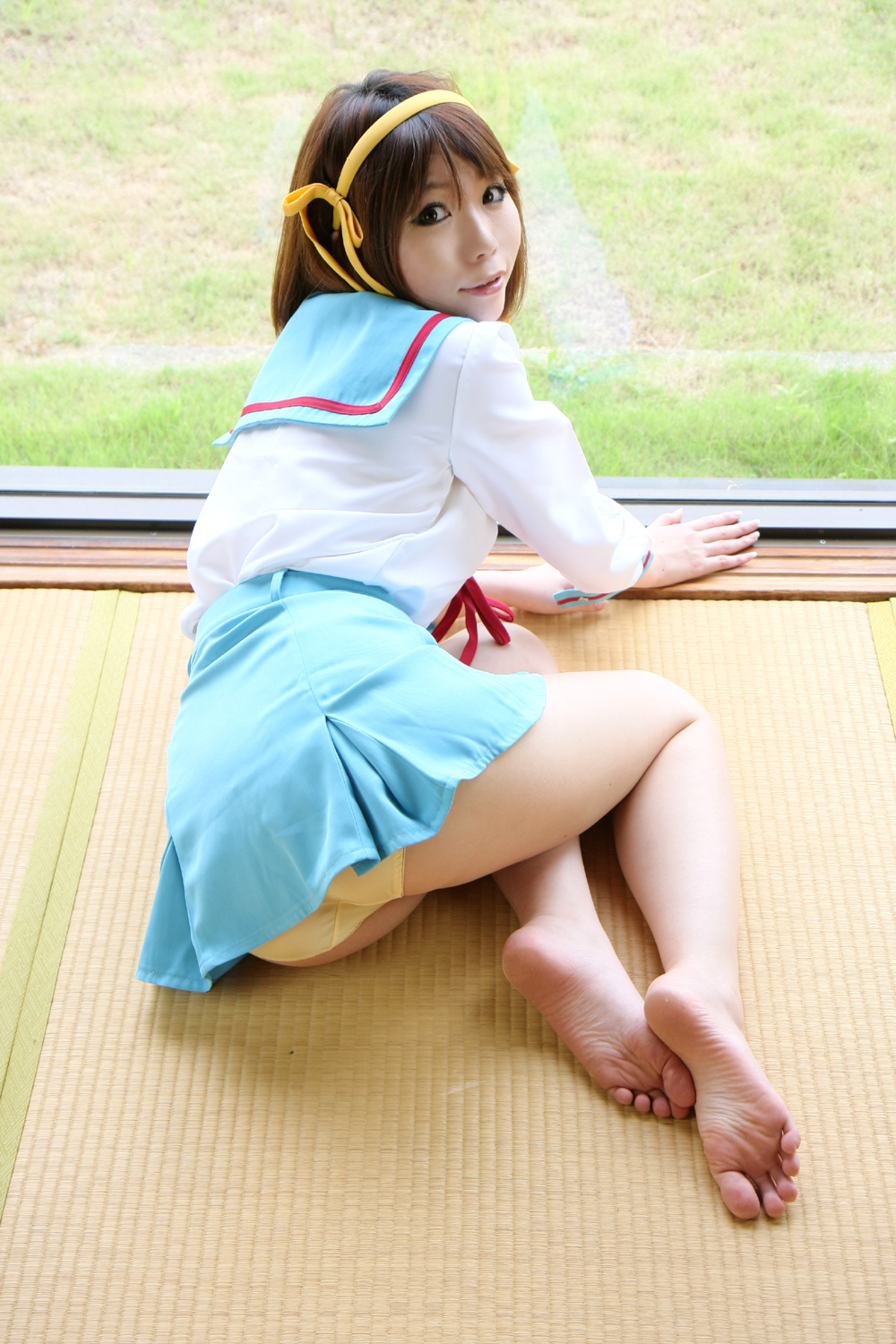 asian barefoot breasts brown_hair clothed clothed_female cosplay feet female hairband panties short_hair skirt soles solo toes wrinkly_soles
