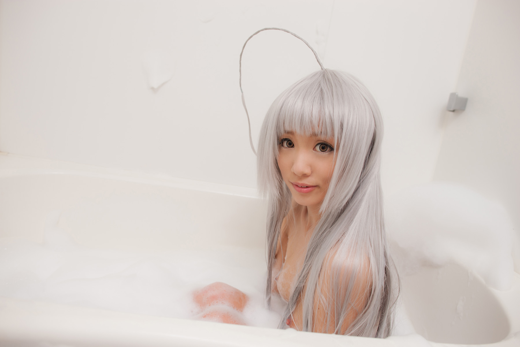 asian bathtub breasts cosplay erect_nipples female grey_hair long_hair nipples nude solo wet