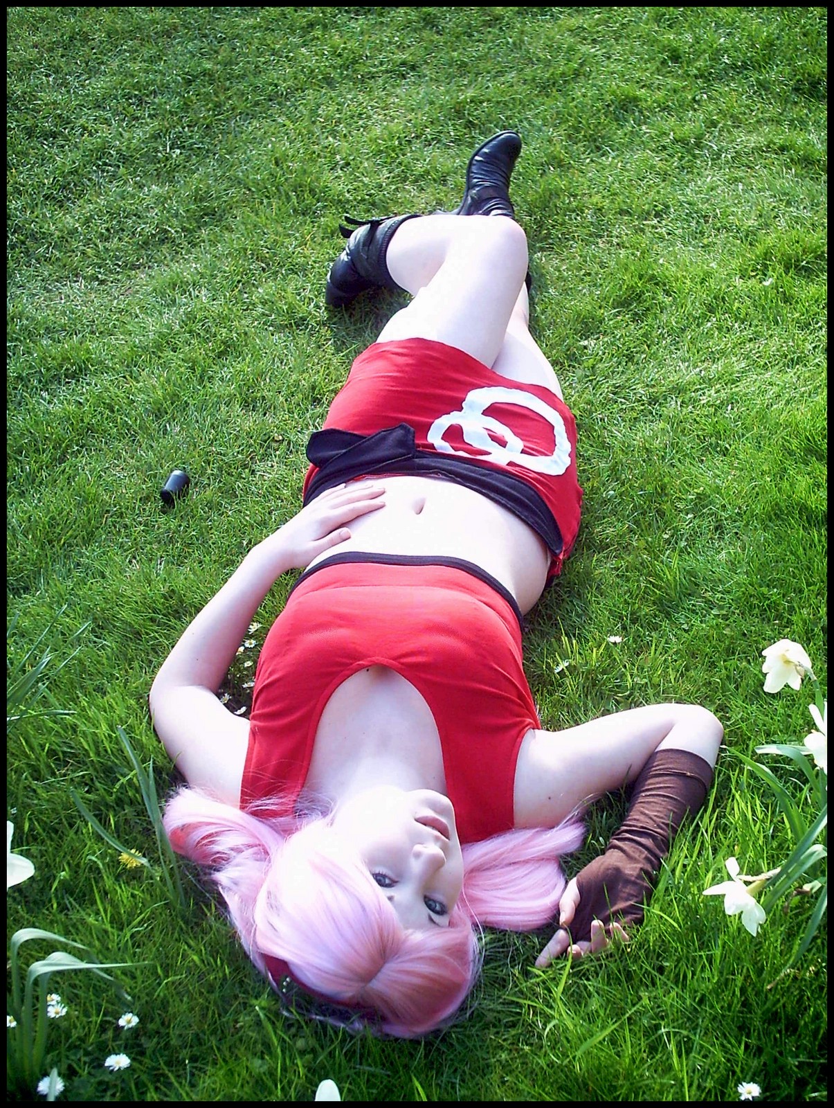 asian breasts cosplay female long_hair lying midriff navel outside pink_hair solo