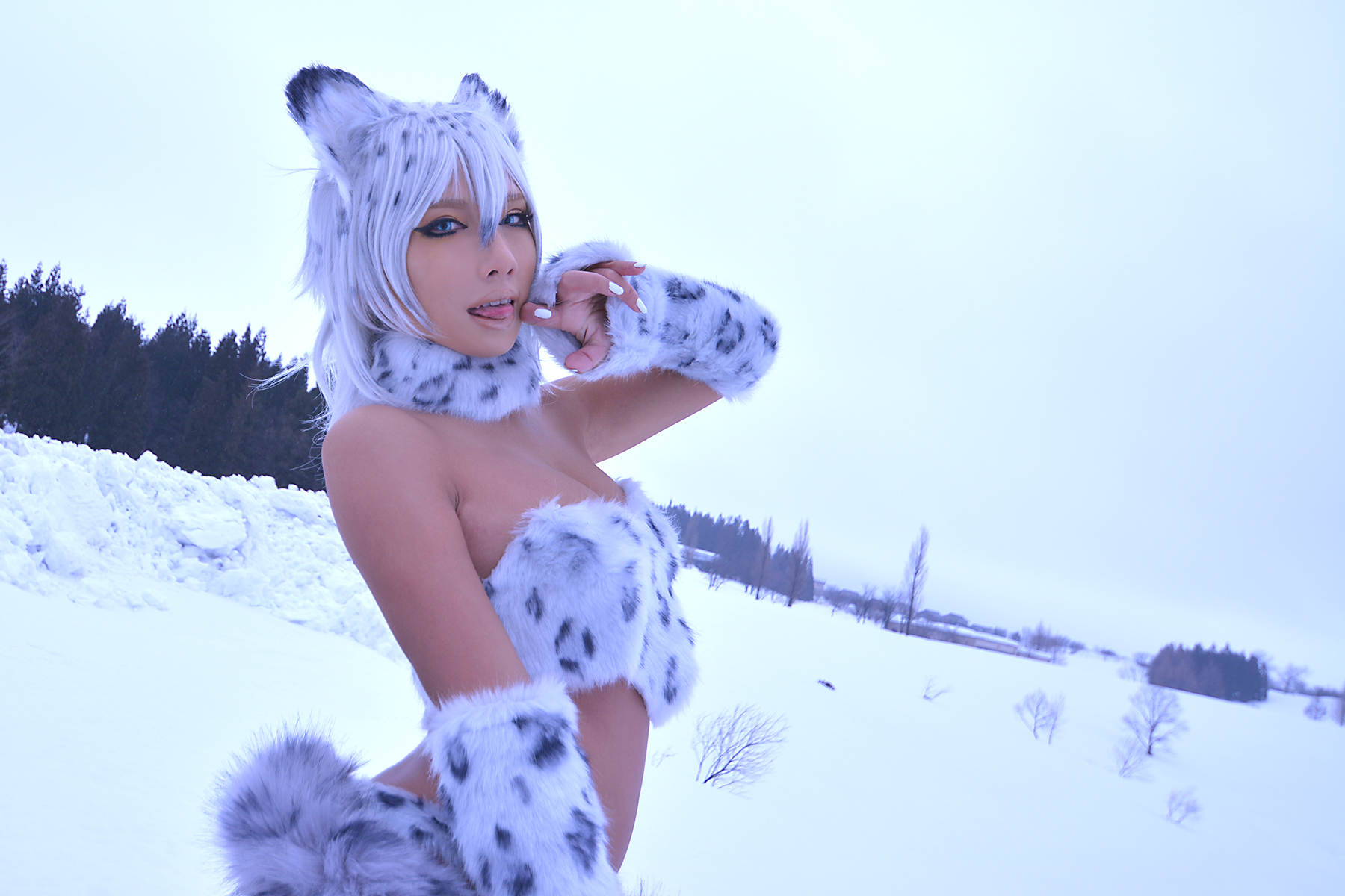 animal_ears asian boots bra breasts classy_furry female gloves large_breasts long_hair midriff navel nonsummerjack outside panties purple_hair snow solo