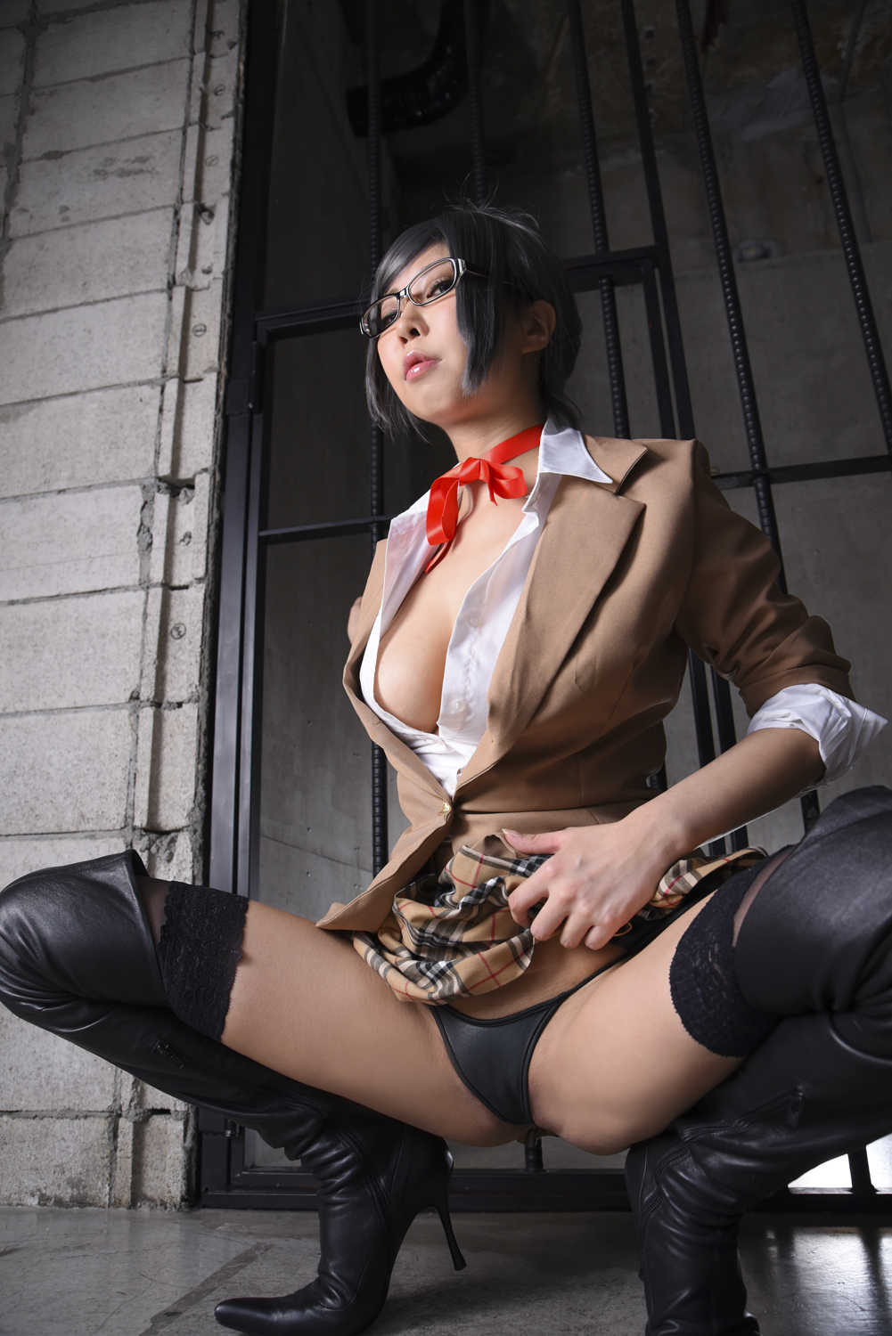 asian breasts cosplay female glasses grey_hair large_breasts long_hair solo