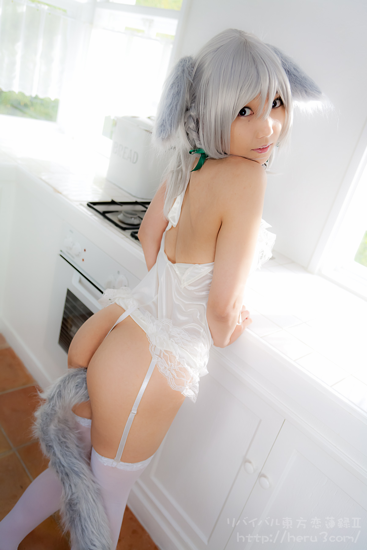 animal_ears asian ass breasts female kitchen long_hair looking_back solo tail thighhighs white_hair