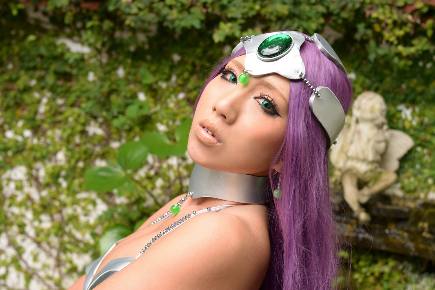 asian breasts cosplay female long_hair nonsummerjack purple_hair solo tiara watermark