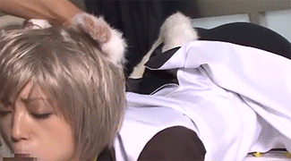 all_fours animated asian bed breasts censored clothed_female_nude_male cosplay fellatio gif grey_hair long_hair penis