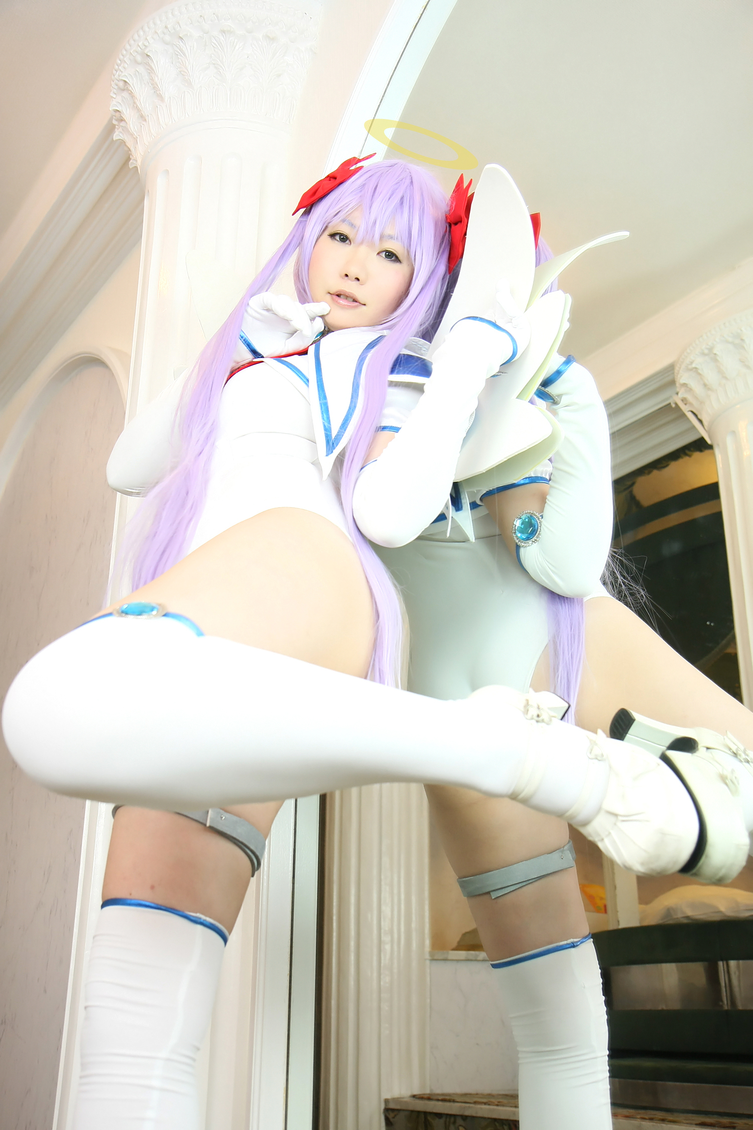 asian breasts cosplay female gloves high_heels leotard long_hair necktie purple_hair shoes solo twintails wings