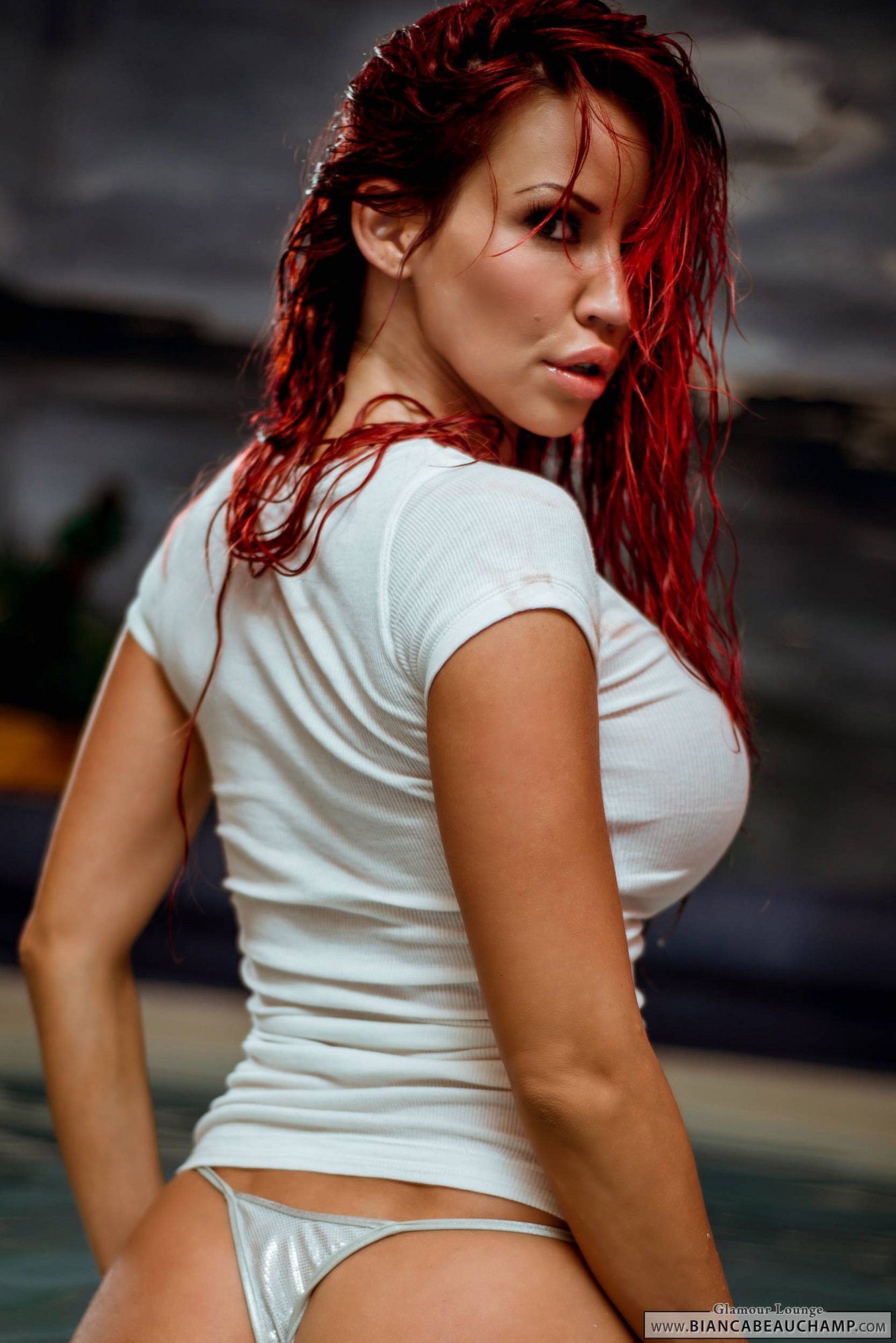 ass bianca_beauchamp breasts female large_breasts long_hair looking_back panties red_hair shirt solo water watermark wet