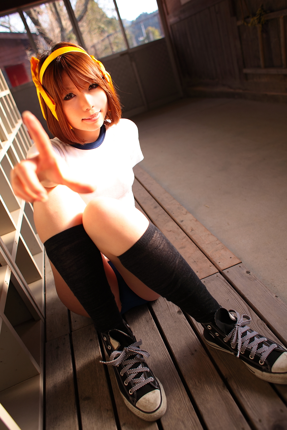 asian breasts brown_hair cosplay female hairband shoes short_hair socks solo