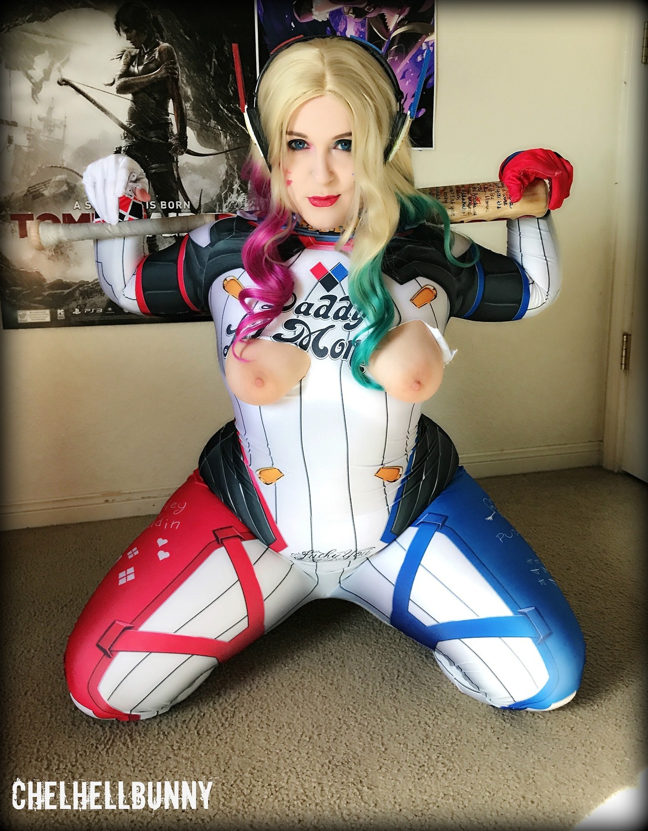 1girl bat batman_(series) blonde_hair breasts chelhellbunny cosplay d.va d.va_(cosplay) dc exposed_breasts facial_markings female harley_quinn multicolored_hair on_knees overwatch plugsuit small_breasts solo torn_clothes