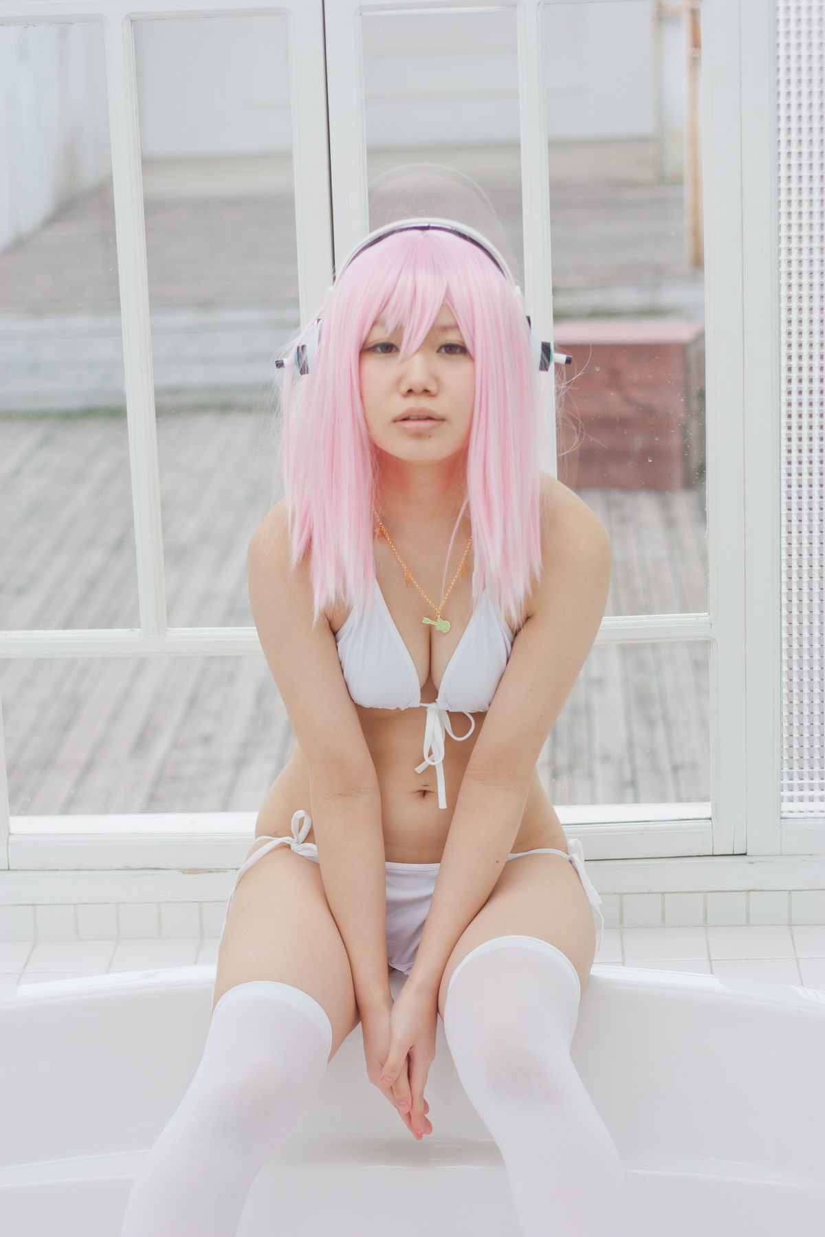 asian bikini breasts cosplay female headphones long_hair pink_hair solo