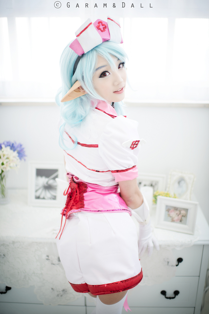 aqua_hair asian breasts cosplay elf female hat long_hair nurse solo watermark