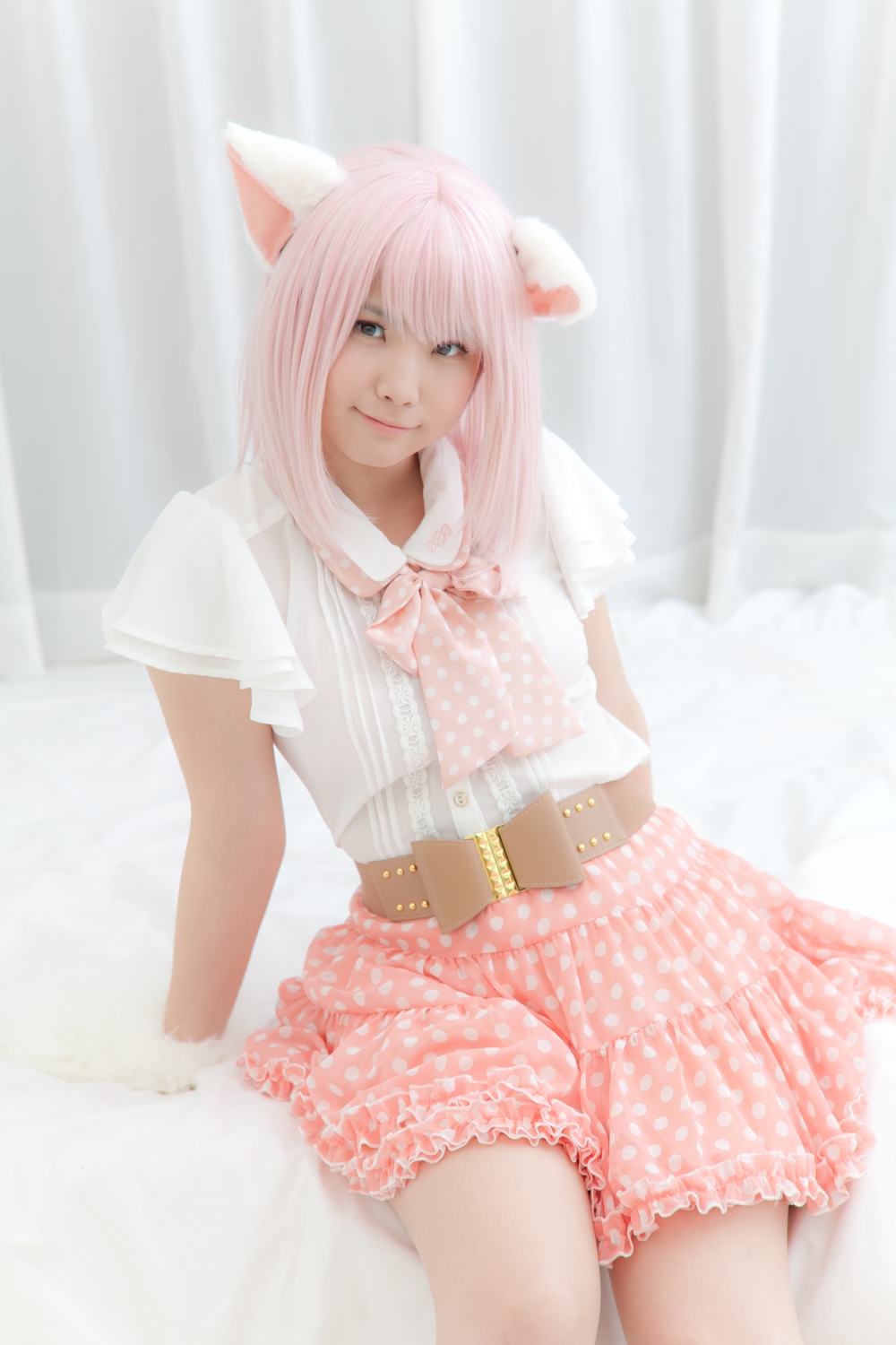 animal_ears asian breasts cosplay enako female long_hair pink_hair solo