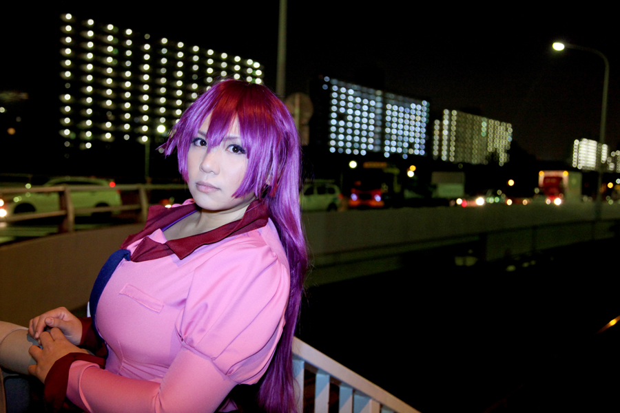 asian breasts chouzuki_maryou cosplay female huge_breasts long_hair necktie outside purple_hair skirt socks solo