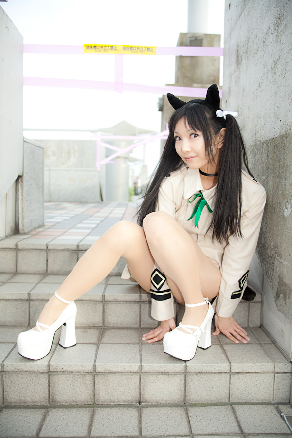 asian black_hair breasts cosplay female francesca_lucchini high_heels lenfried long_hair pigtails solo strike_witches watermark