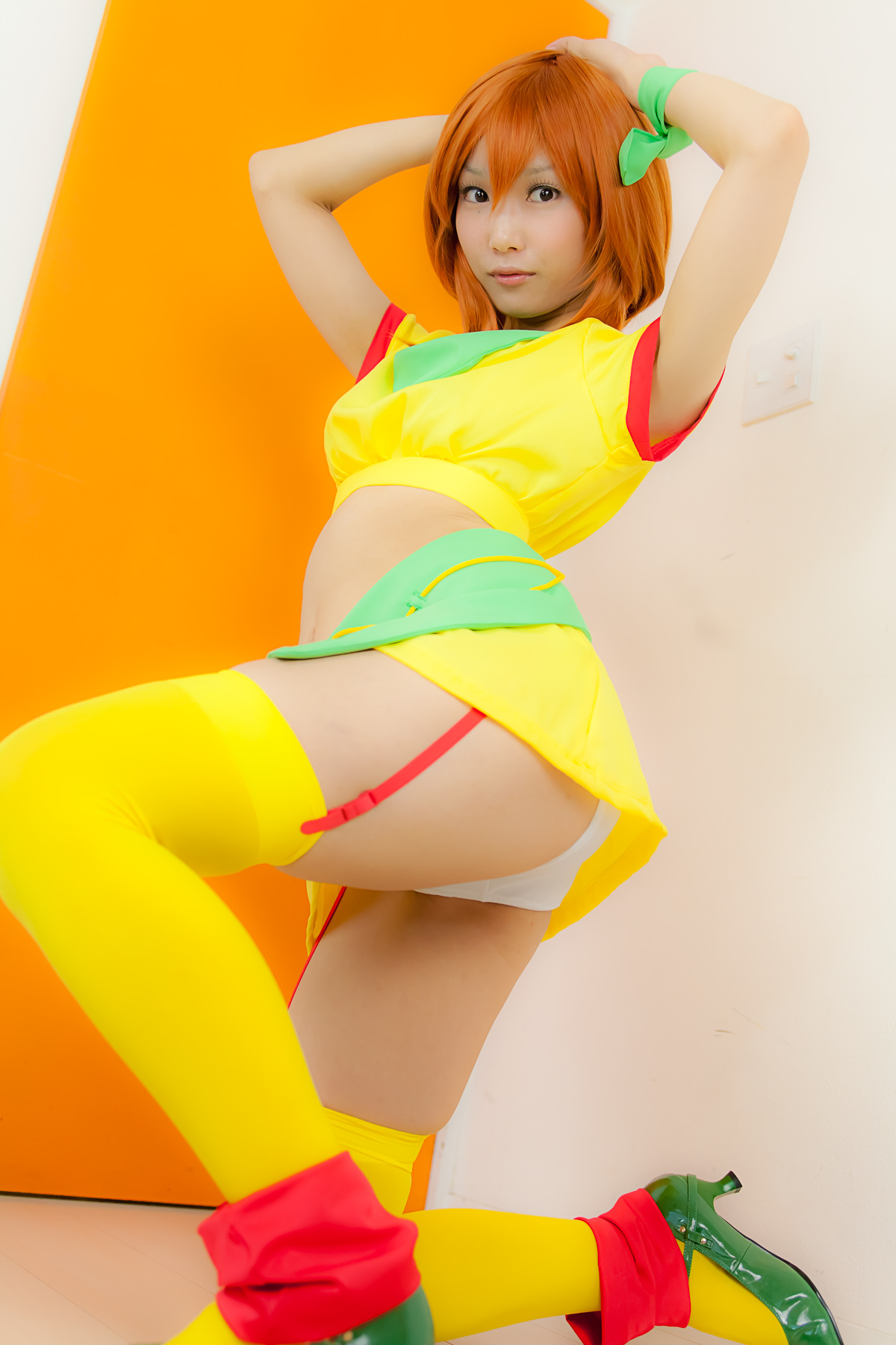 asian breasts cosplay female garter_belt long_hair midriff necklace orange_hair panties skirt solo thighhighs