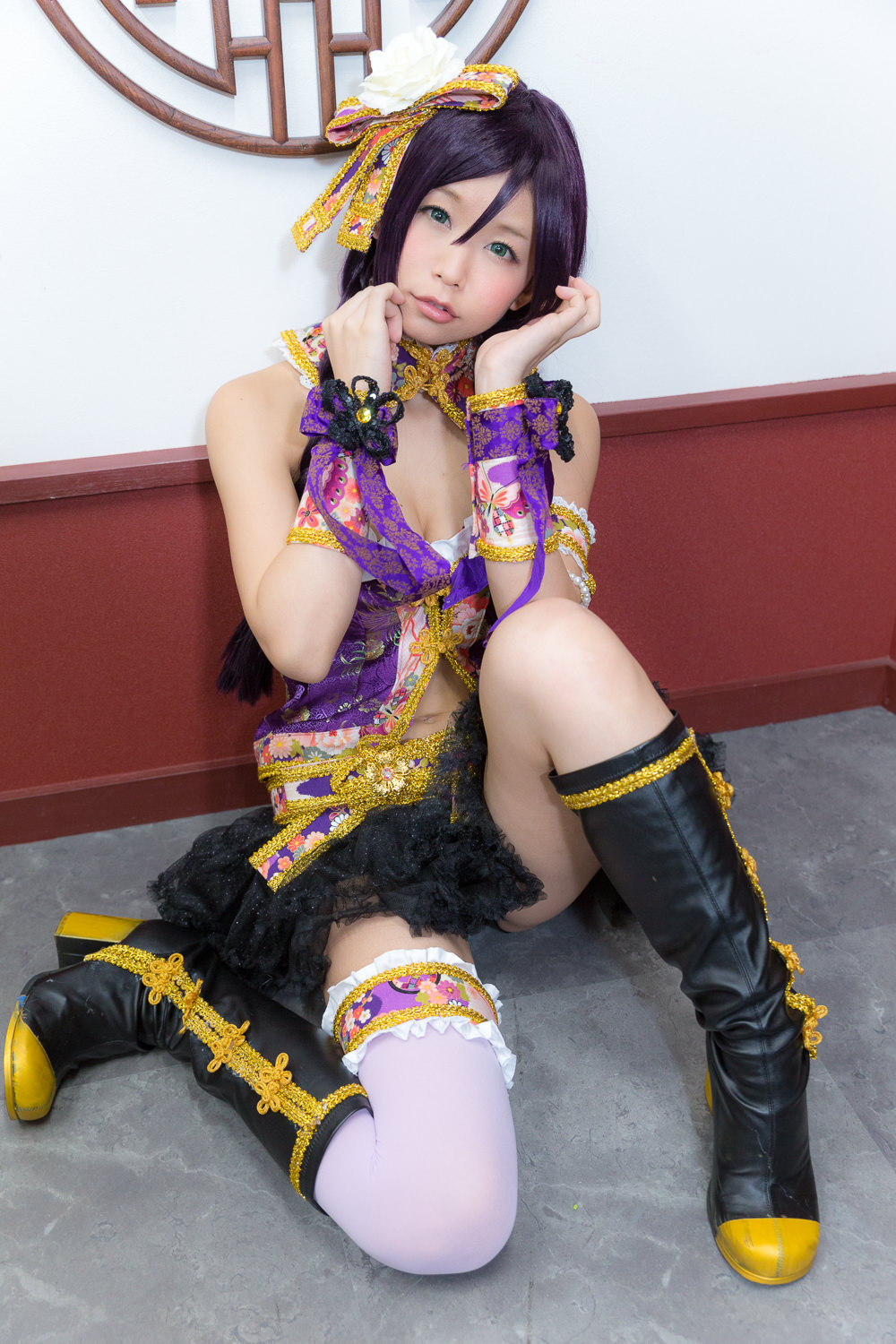 1girl asian boots braid breasts cosplay female high_heels itsuki_akira long_hair love_live! love_live!_school_idol_project midriff navel pigtails purple_hair solo toujou_nozomi