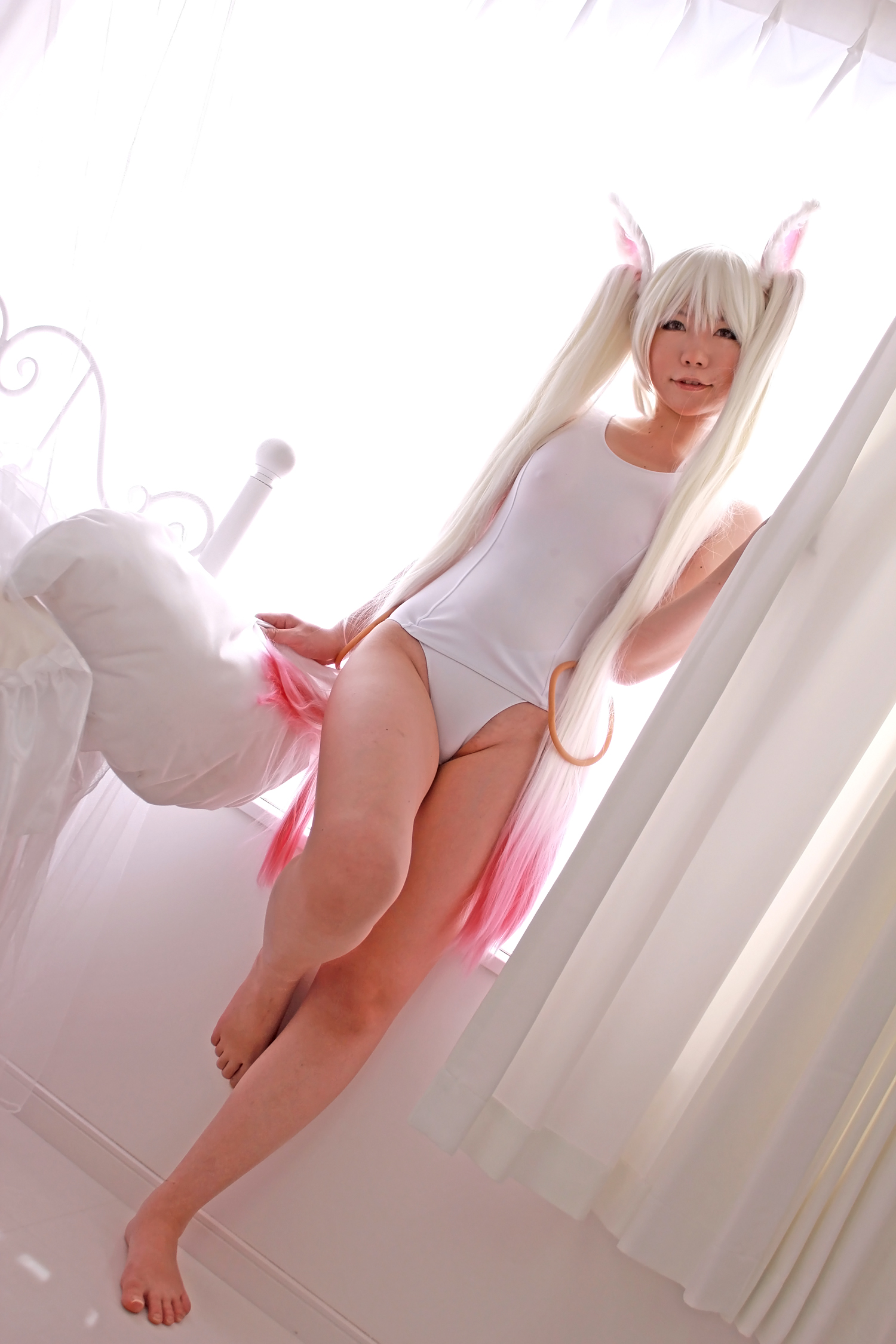 animal_ears asian breasts cosplay female long_hair solo swimsuit twintails white_hair