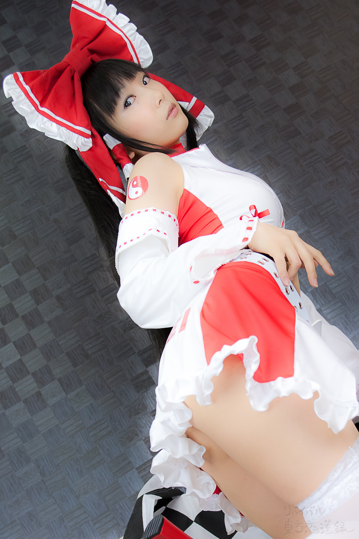 asian belt black_hair breasts cosplay female high_heels long_hair midriff shoes solo thighhighs