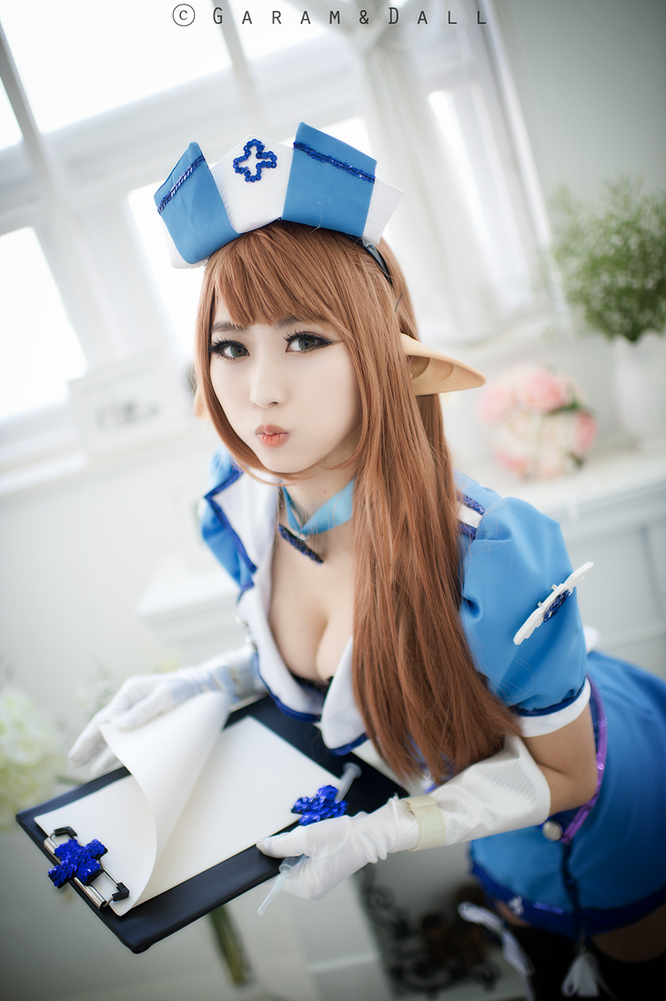 asian breasts brown_hair cosplay elf female hat long_hair nurse solo watermark