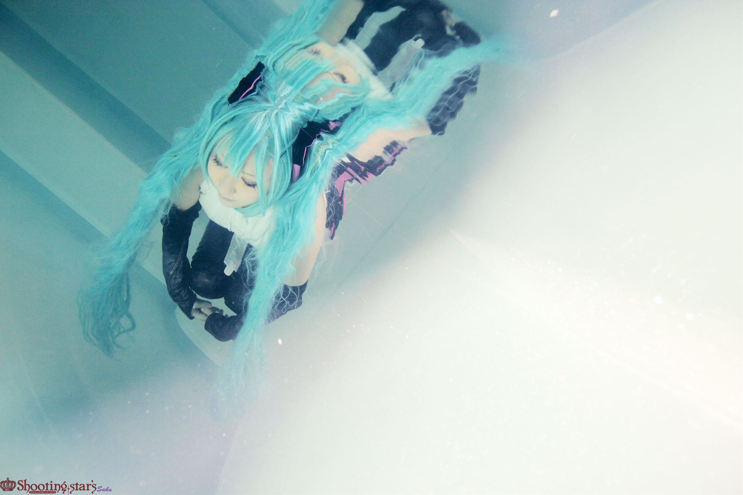 aqua_hair asian breasts cosplay elbow_gloves female gloves long_hair pigtails shooting_star solo watermark