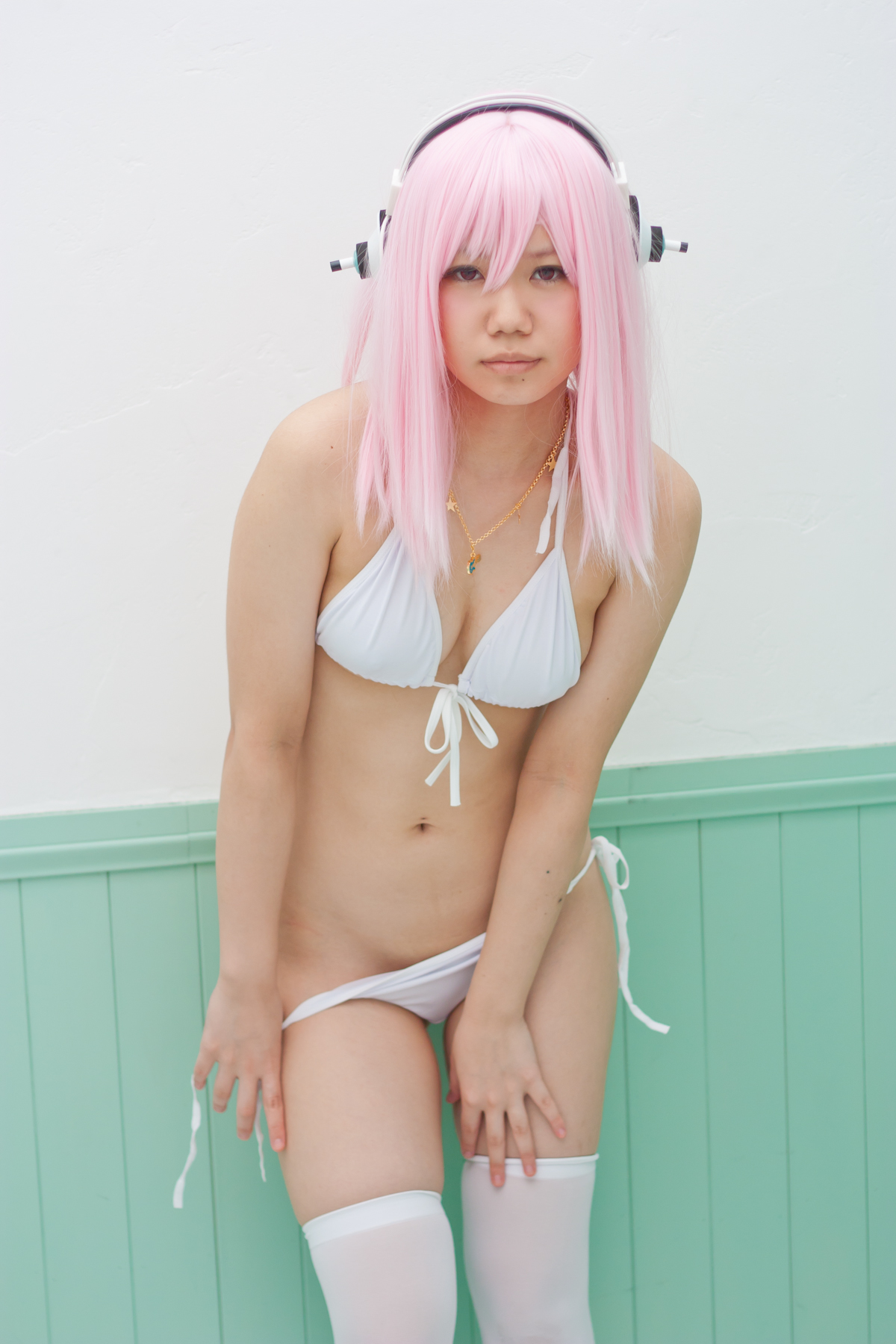 asian bikini breasts cosplay female headphones long_hair pink_hair solo