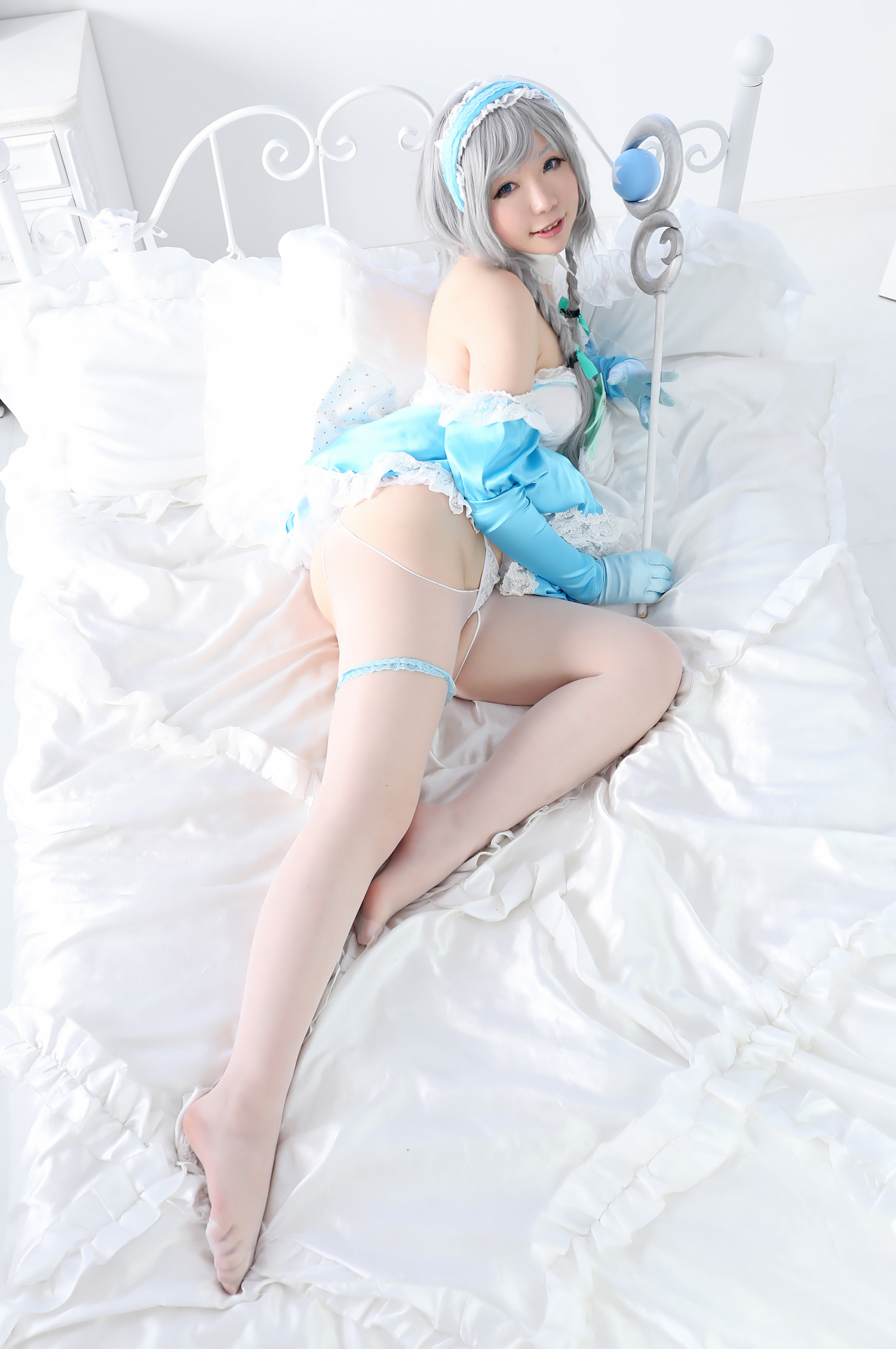 asian breasts cosplay dress female gloves gray_hair high_heels long_hair shoes solo thighhighs