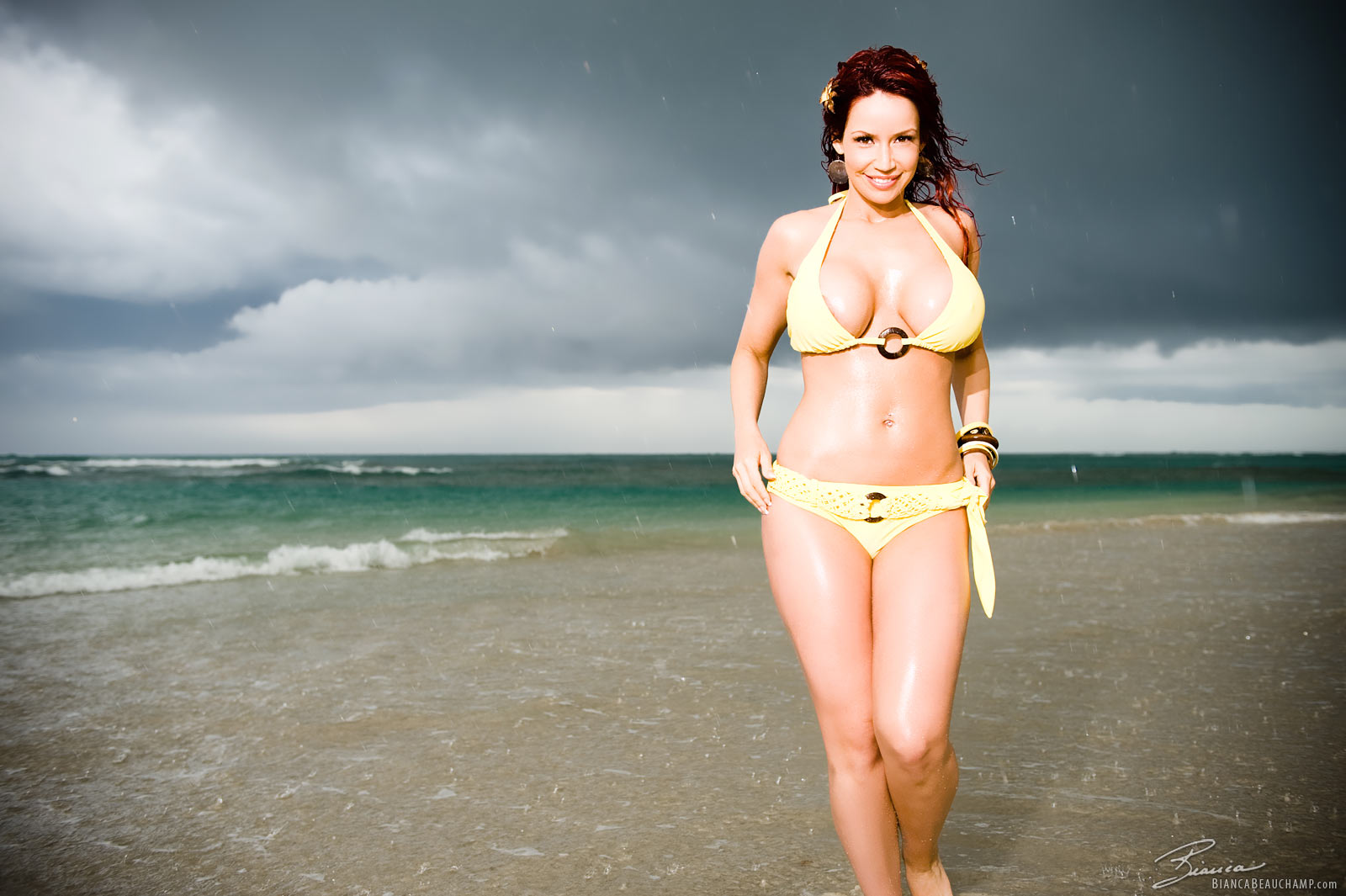 beach bianca_beauchamp breasts female large_breasts long_hair outside red_hair solo water watermark