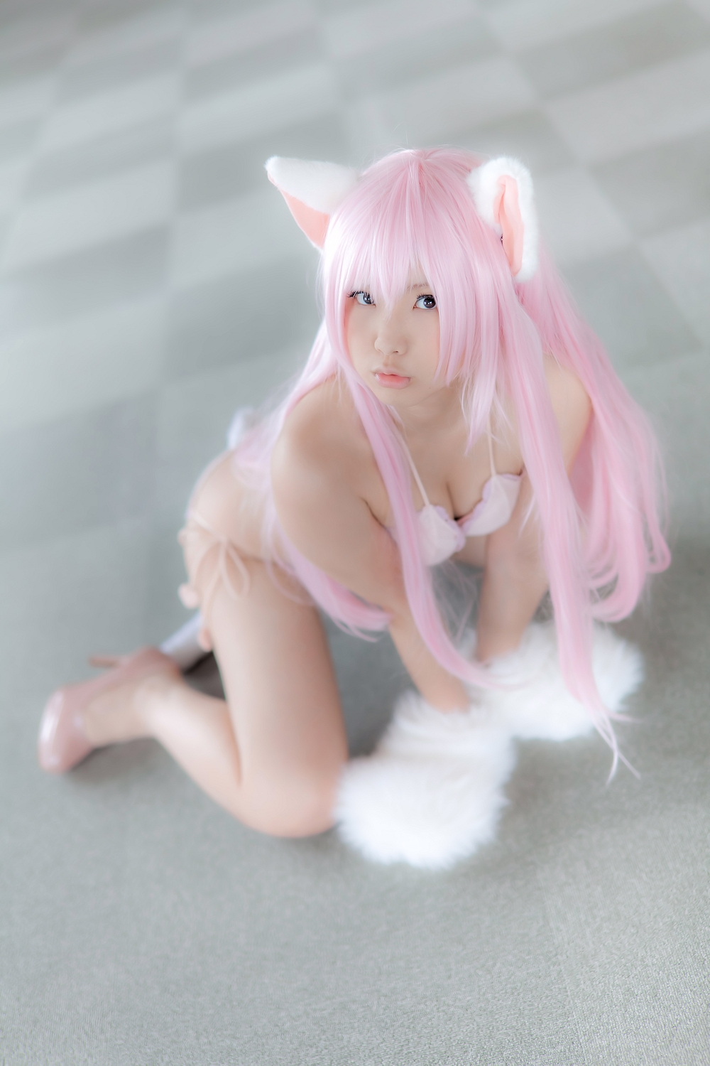 animal_ears asian breasts cosplay enako female long_hair pink_hair solo