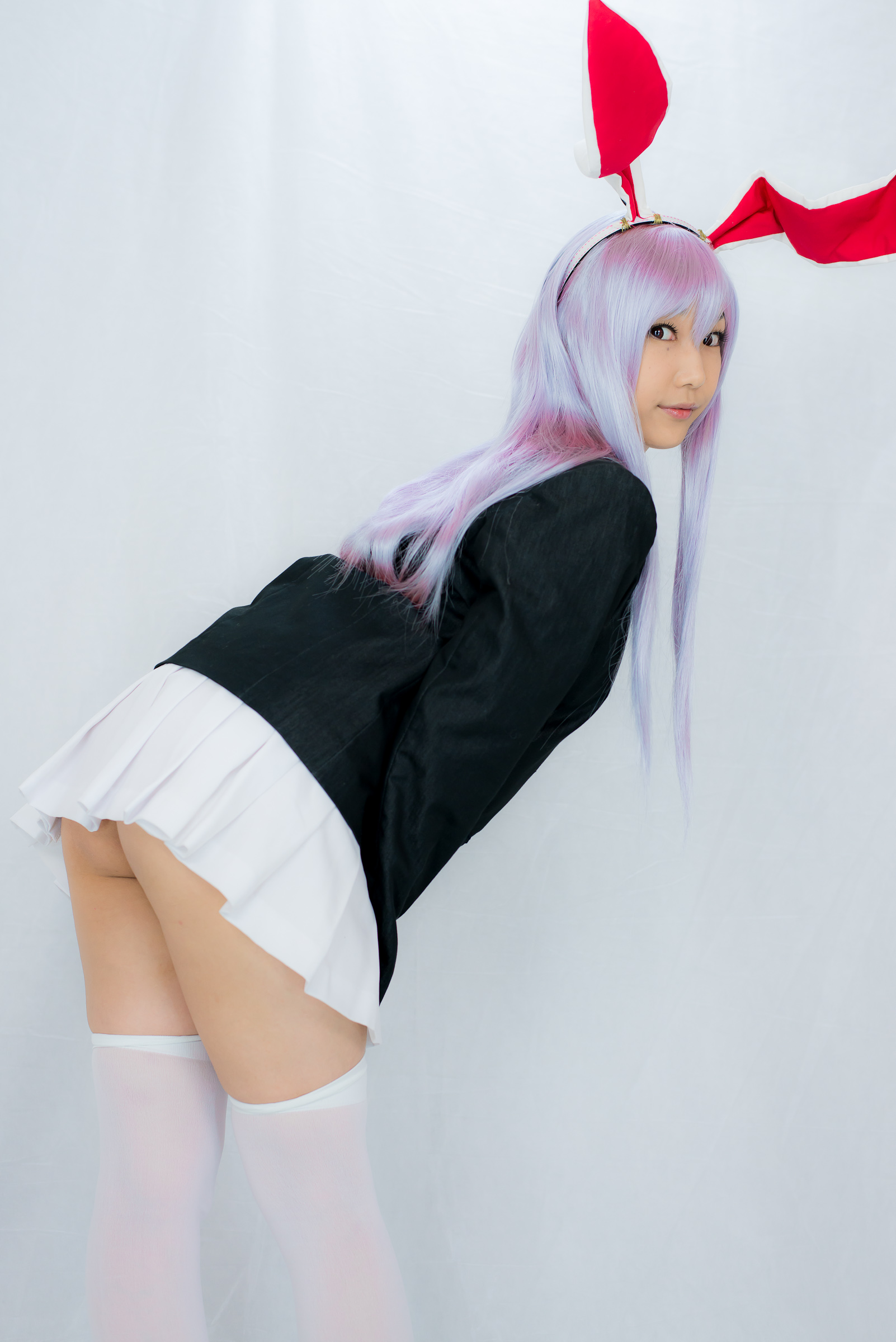 animal_ears asian ass breasts female high_heels lenfried long_hair looking_back necktie purple_hair shoes simple_background skirt socks solo watermark