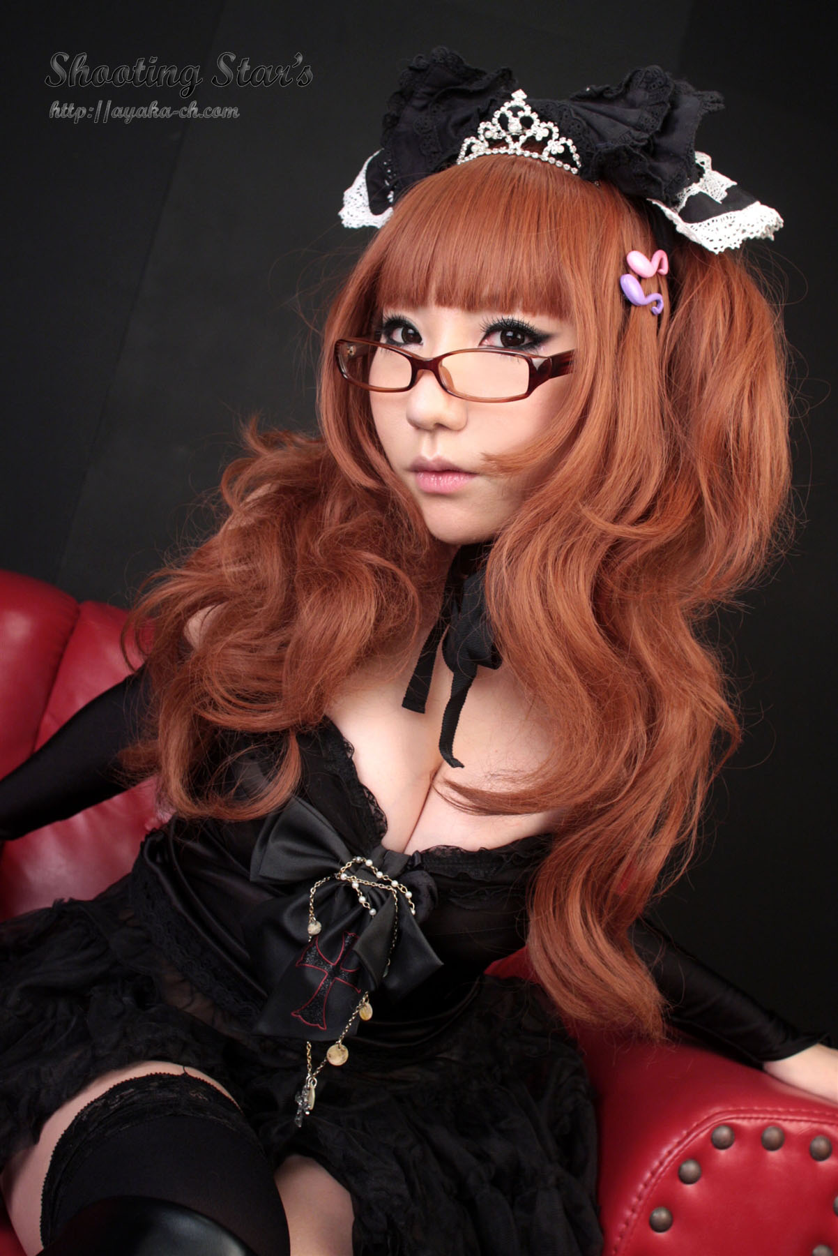 asian boots breasts brown_hair chair cleavage cosplay dress female glasses high_heels long_hair see-through shooting_star solo watermark