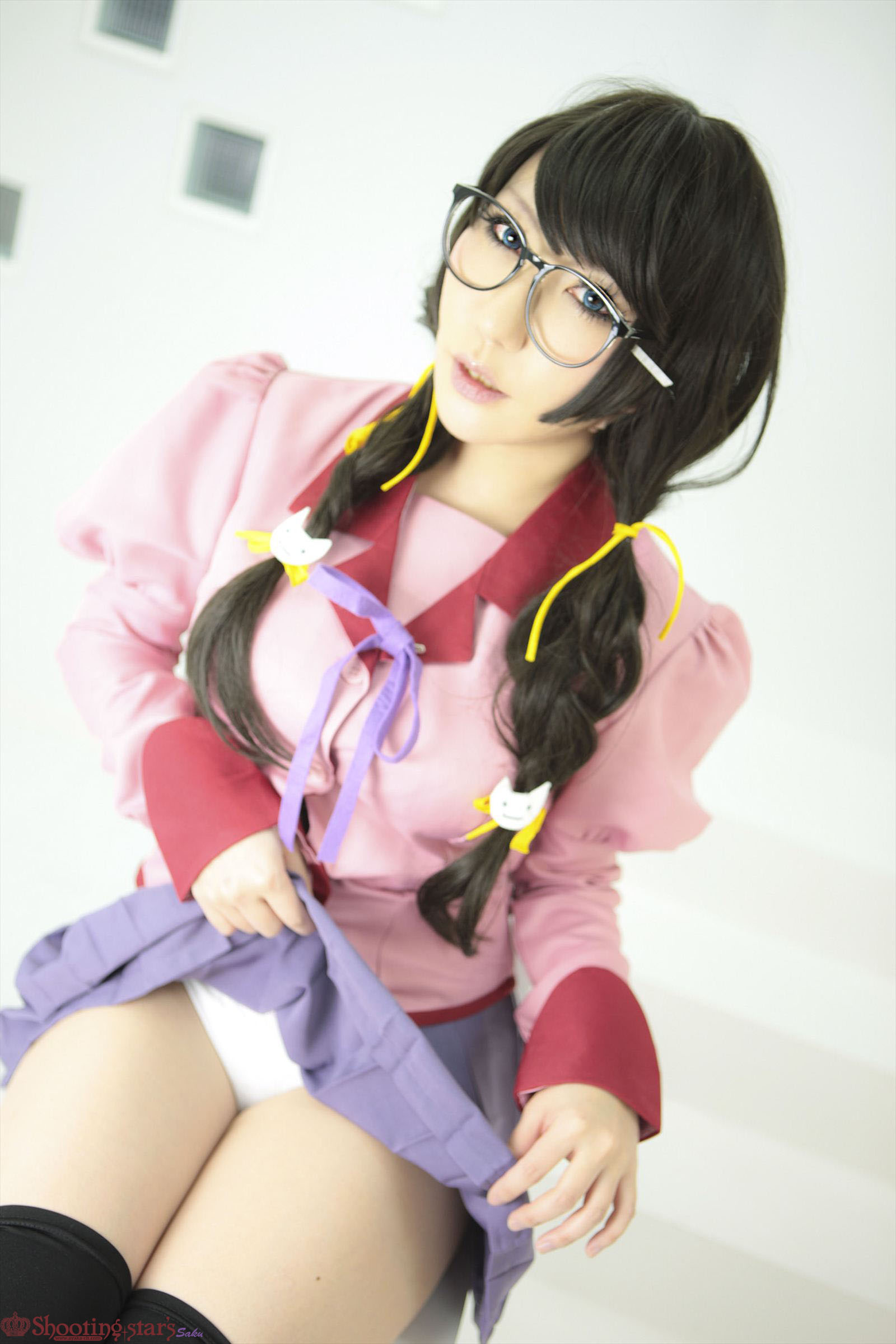 asian black_hair breasts cosplay female glasses high_heels kneehighs long_hair shoes shooting_star skirt solo watermark