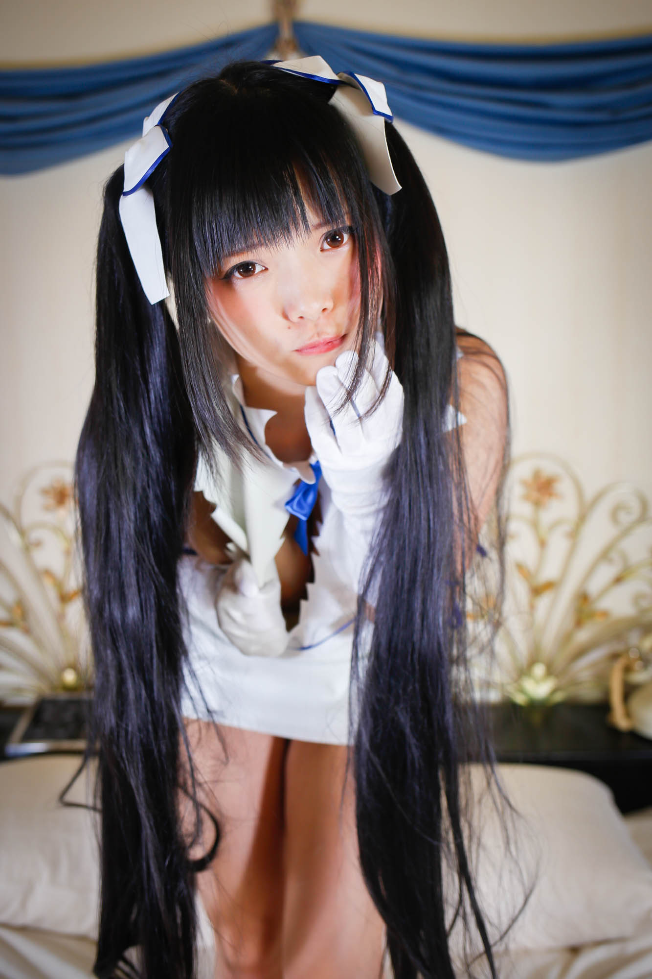 asian black_hair breasts cosplay female long_hair pigtails solo